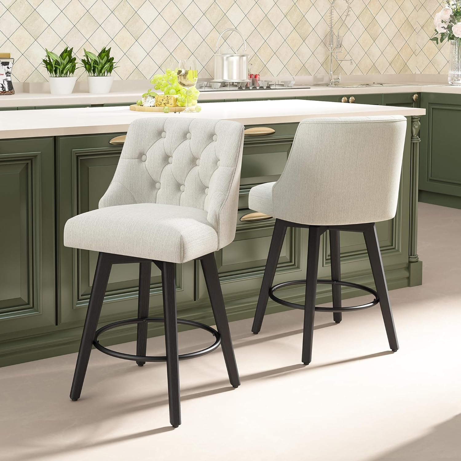 Counter Height Bar Stools Set of 2, Modern Swivel Barstools with Back and Wood Legs, Linen Fabric Upholstered Counter Height Stools, 26