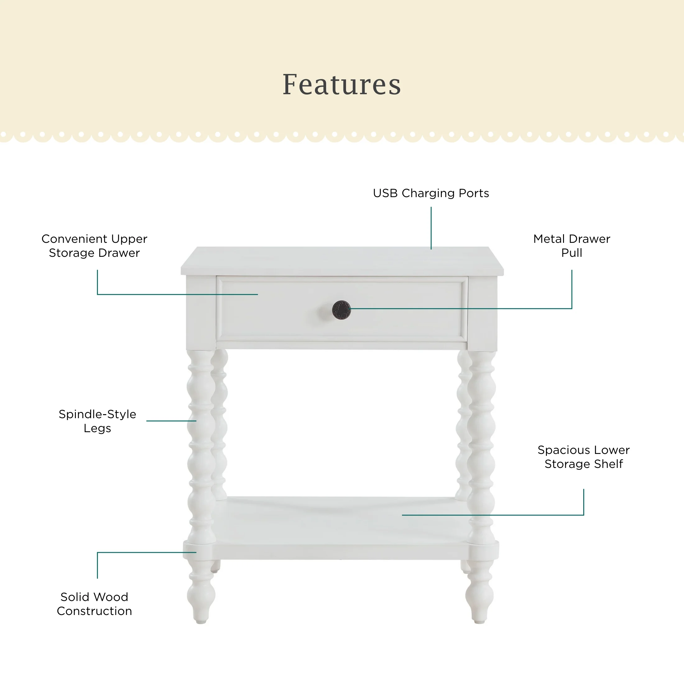 Pioneer Woman Harper Spindle Nightstand with USB Charging Ports, Adults and Teens, White Finish - Image 2