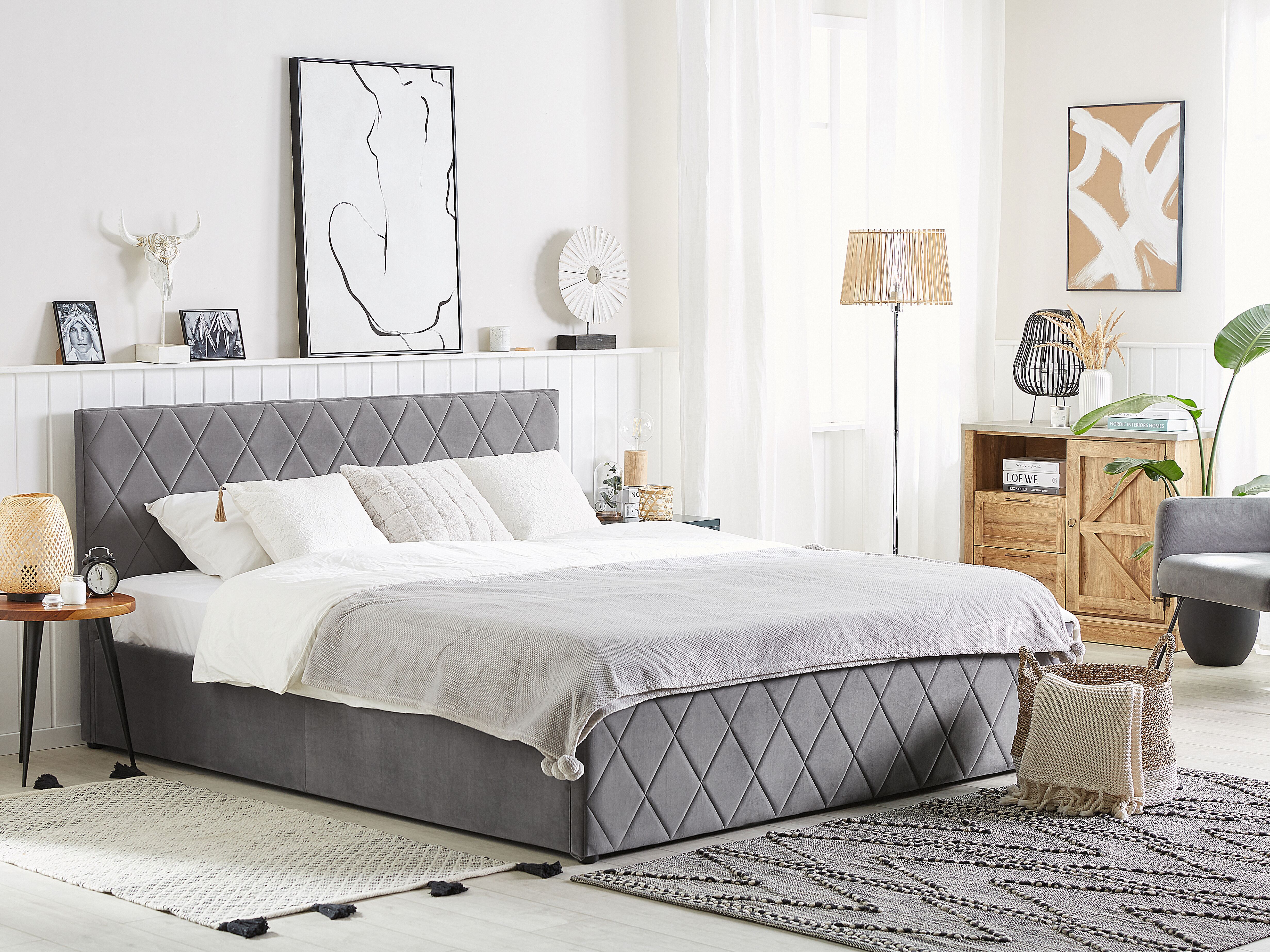 Ottoman Bed Velvet ROCHEFORT 180 x 200 cm (EU Super King) Grey