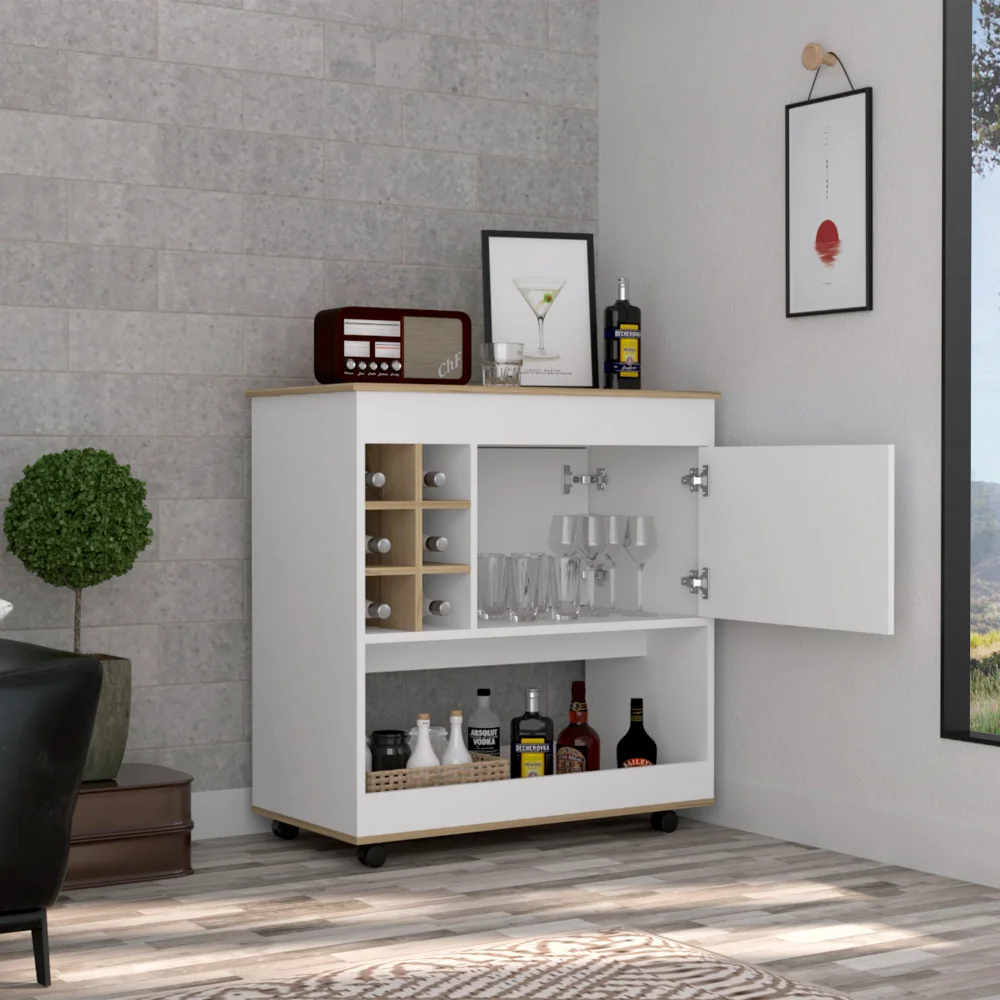 Dtwnek Bar Coffee Cart Cabinet with 4 Wheels, Kitchen Cart with 6 Bottles Storage and Shelf