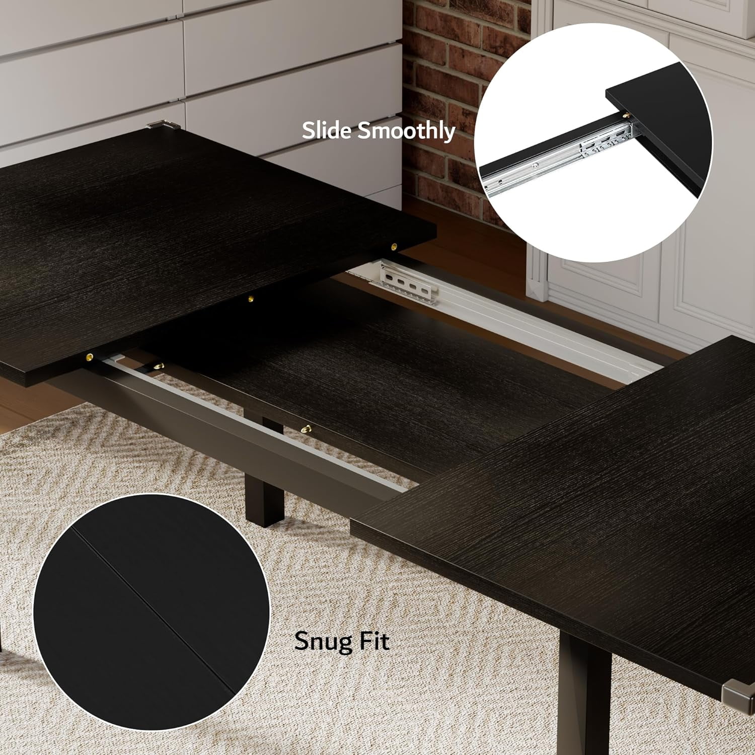 iPormis 63" Extendable Dining Table for 4-8, Square Wooden Dining Room Table with Metal Base, Modern Extendable Table for Small Kitchens, Dining Office Areas, Black - Image 6
