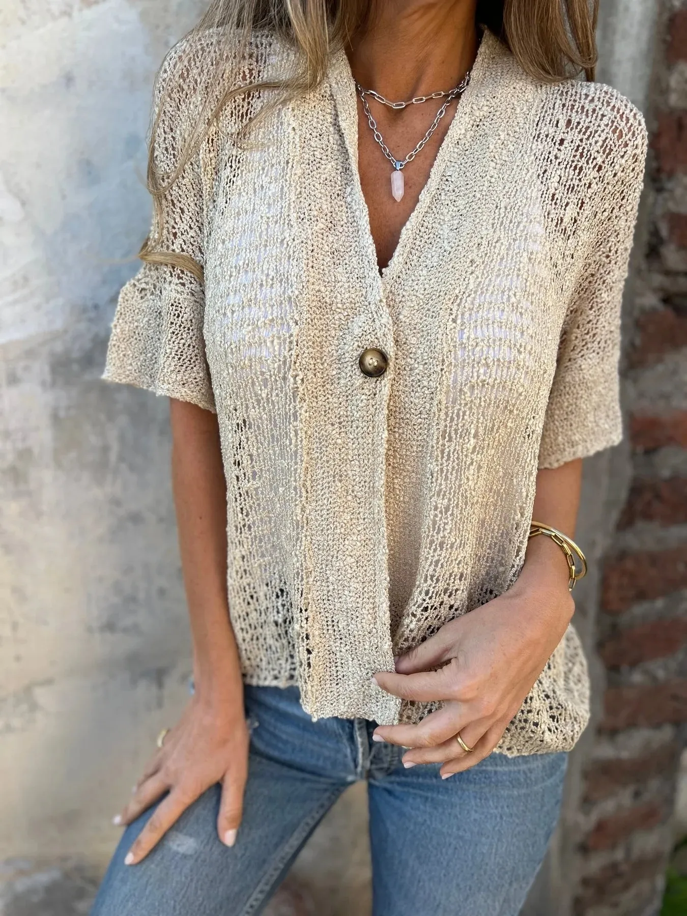 Full Size One Button Half Sleeve Cardigan Plus Size - ZKZOOK