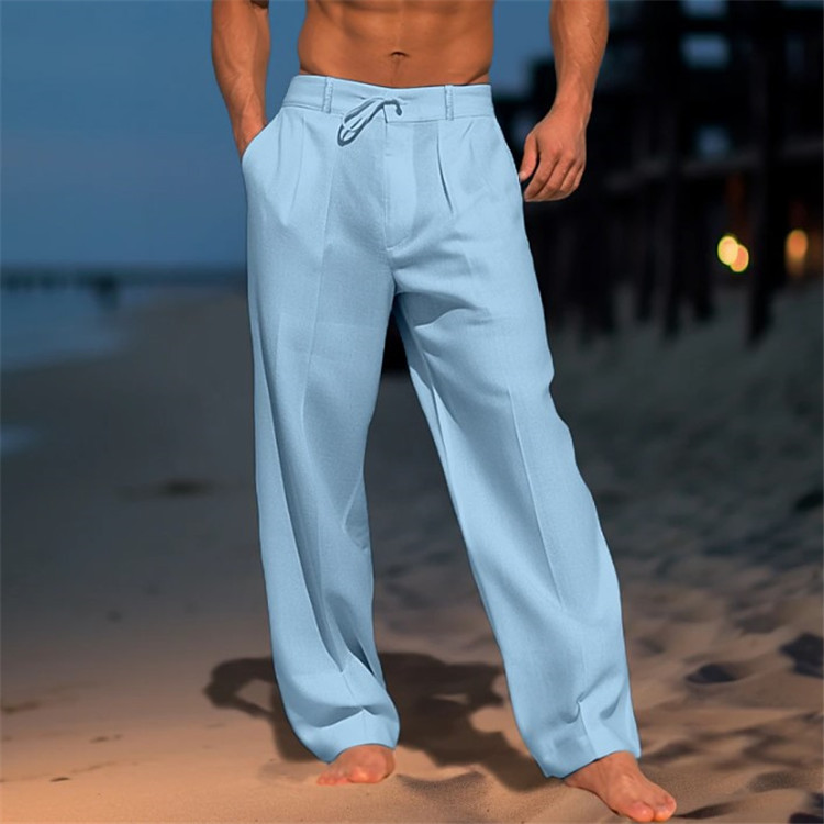 Men's Linen Trousers Summer Beach Pants with Front Pocket, Solid Color, Comfortable, Breathable, Casual, Basic Style for Daily Vacation