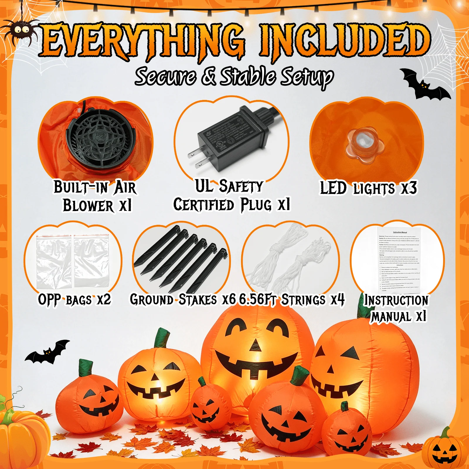 7.5 FT Long Halloween Inflatables Pumpkin Family Lighted,7 Pumpkins Blow Up Yard Decoration, Built-in LEDs, Stakes & Tethers Included for Outdoor Lawn Garden Halloween Decor - Image 7 7.5 FT Long Halloween Inflatables Pumpkin Family Lighted,7 Pumpkins Blow Up Yard Decoration, Built-in LEDs, Stakes & Tethers Included for Outdoor Lawn Garden Halloween Decor - Image 7