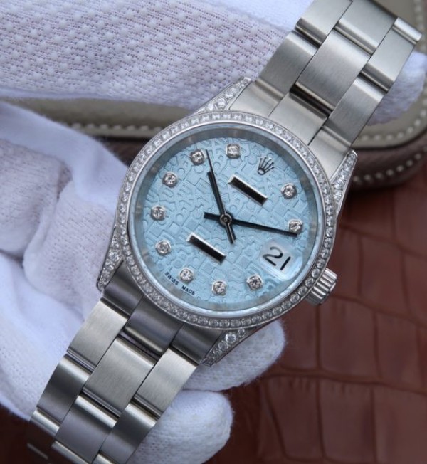 Replica Rolex DateJust 31mm Diamonds Bezel/Markers Blue Textured Dial A2235 - Elite Watch Atelier