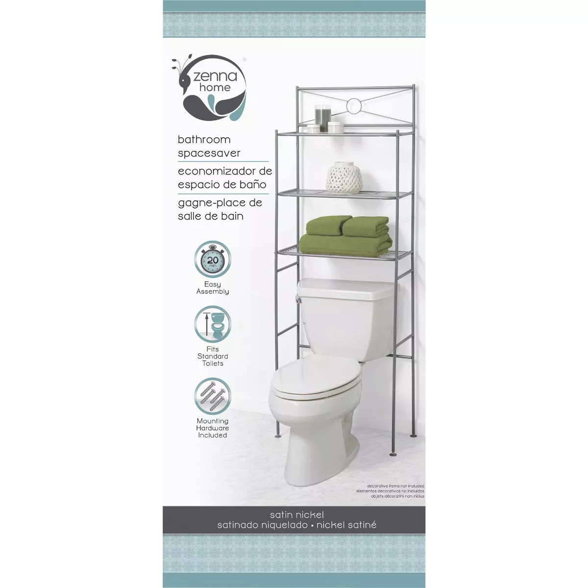 Zenith Zenna Home Spacesaver Satin Nickel Over-the-Toilet Shelf Cabinet, 3 Shelf