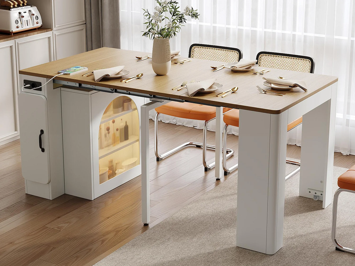 Ilot central de cuisine - avec USB et LED - avec table à manger amovible et extensible - texture du bois - avec 1 porte - naturel + blanc