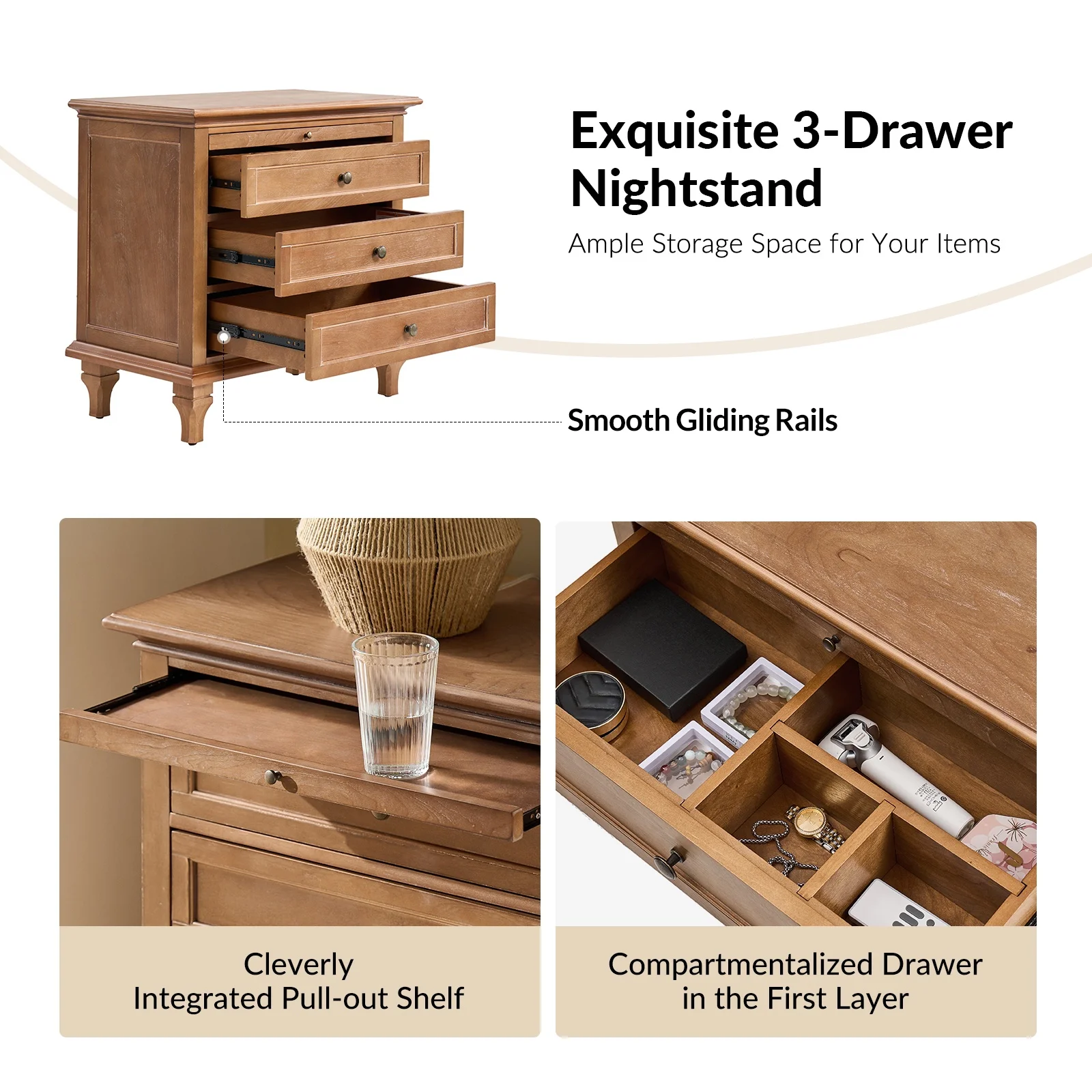 Farmhouse 3 Drawers Nightstand with Tray Bedside Table with Charging Station Acorn - Image 4