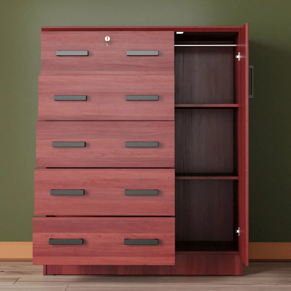 Better Home Products JCF Sofie 5 Drawer Wooden Tall Chest Wardrobe in Mahogany