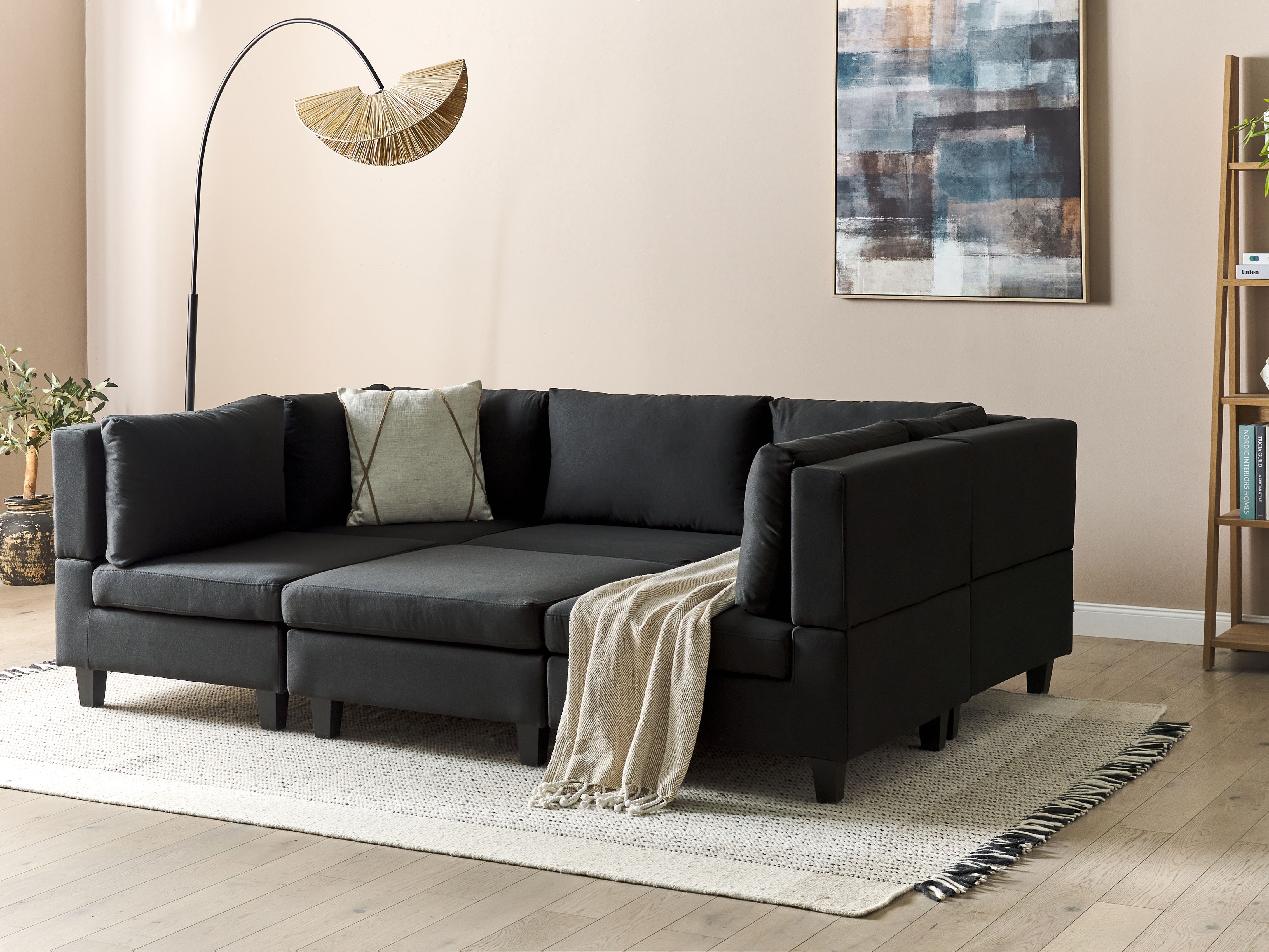 Modular U-Shape Sofa 5 Seater UNSTAD Fabric Black with Ottoman