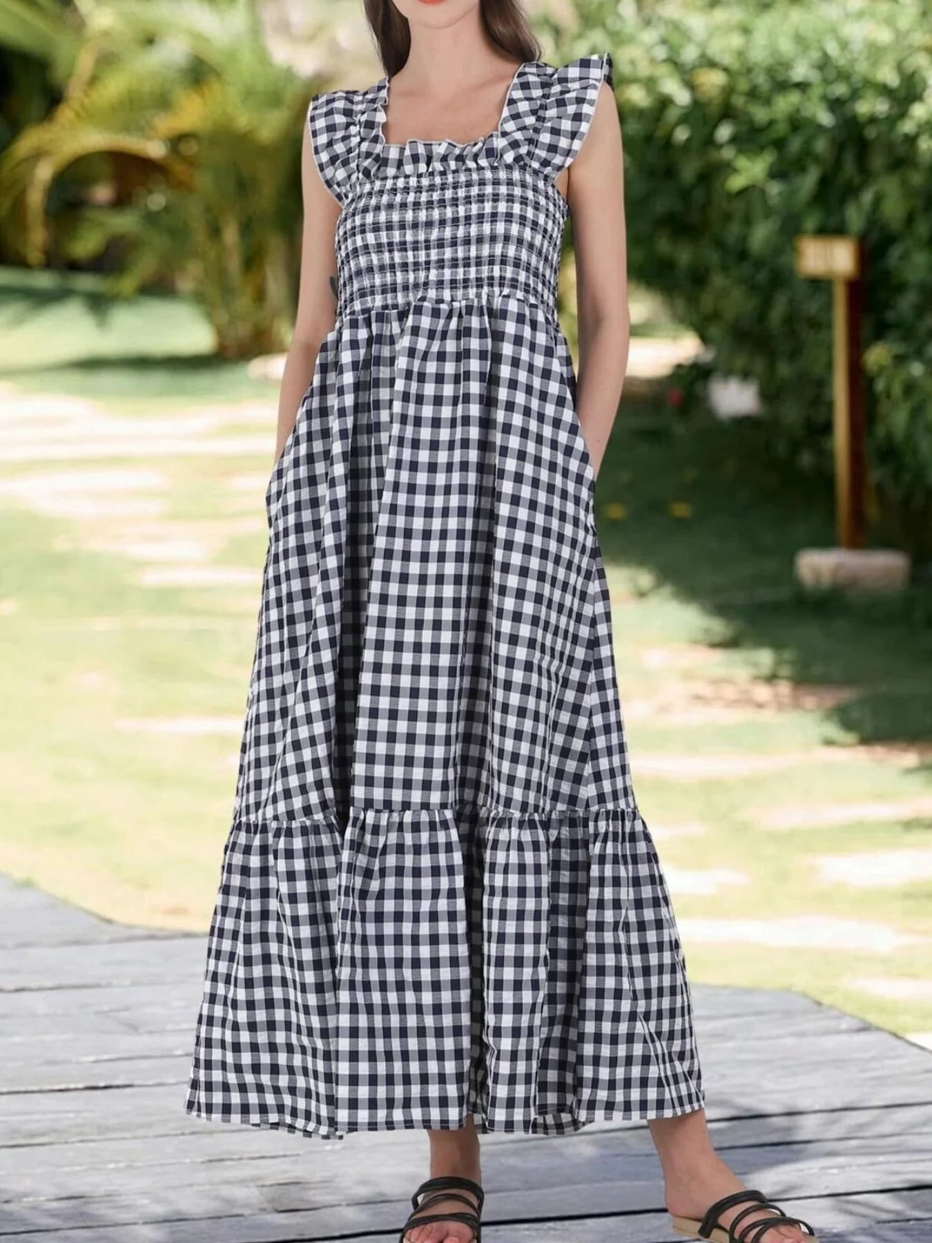 Ruffled Sleeveless Gingham Midi Dress - ZKZOOK