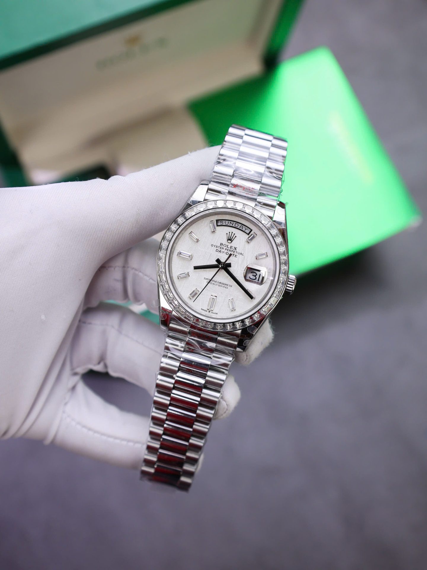 Rolex Day-Date Best Copies Watch Meteorite Wial Custom Diamonds Moissanite Baguette 40mm - Elite Watch Atelier