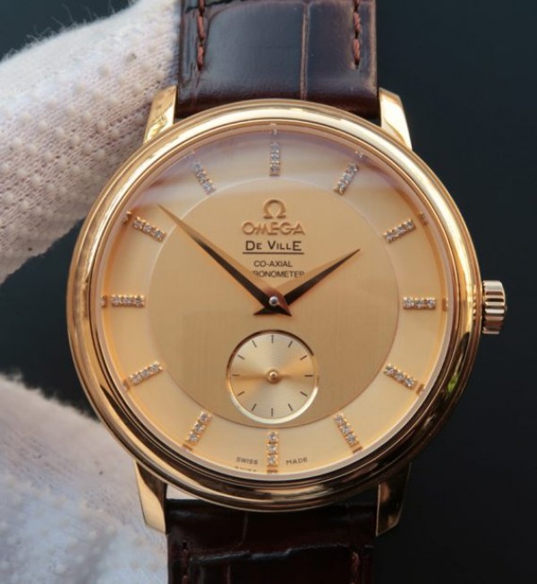 Replica Omega MKF De Ville 39mm RG Co-Axial Yellow Dial Brown Leather A2202 - Elite Watch Atelier