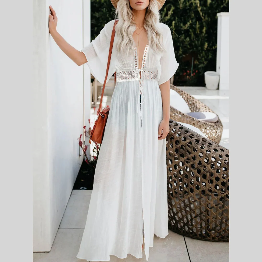 Lace Trim Plunging Beach Cover Up Maxi Dress - ZKZOOK