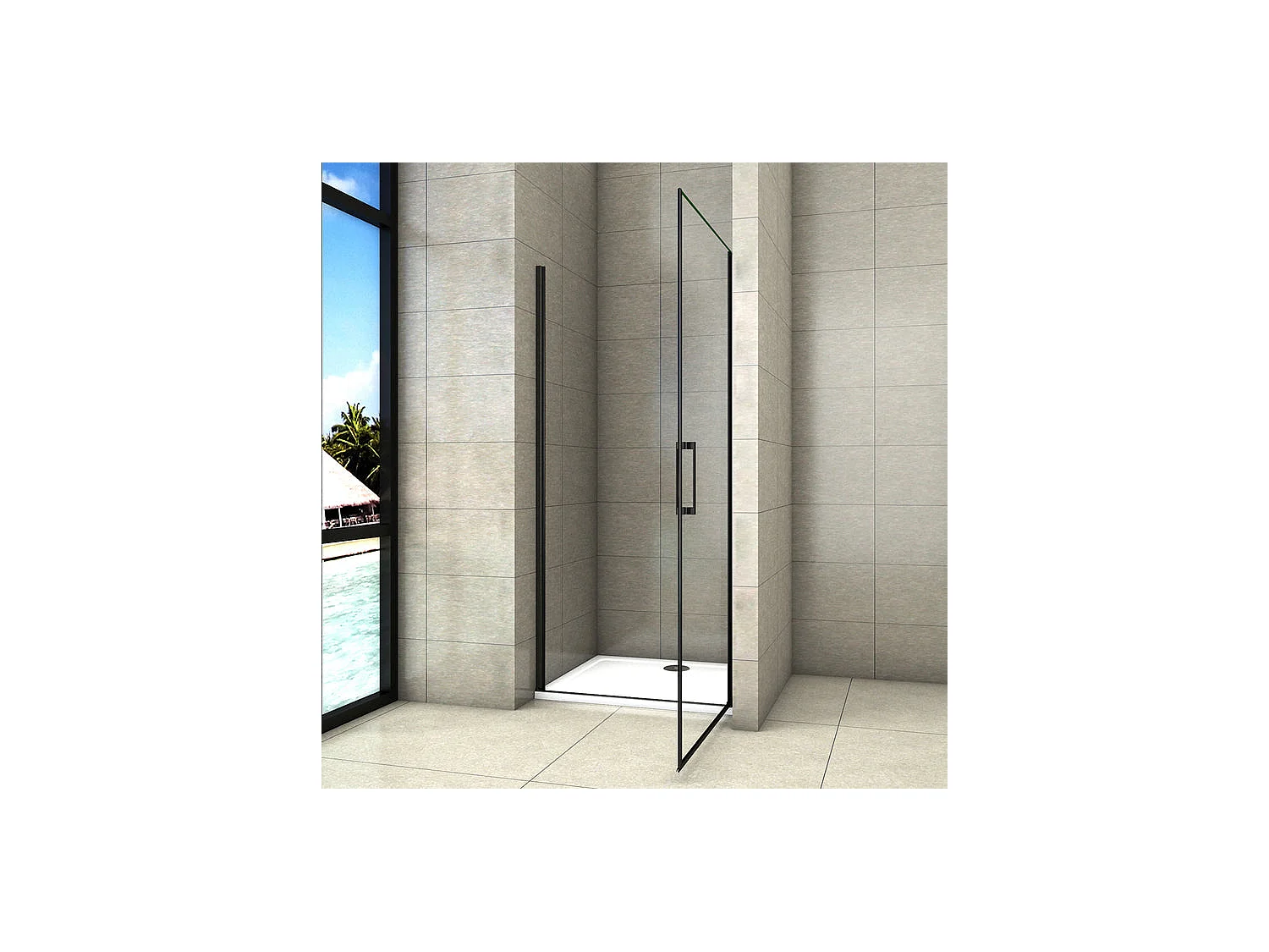Porte de douche pivotante 100cm Hauteur 200cm porte de douche en 8mm verre trempé anticalcaire, profilé et poignée Noir Mat
