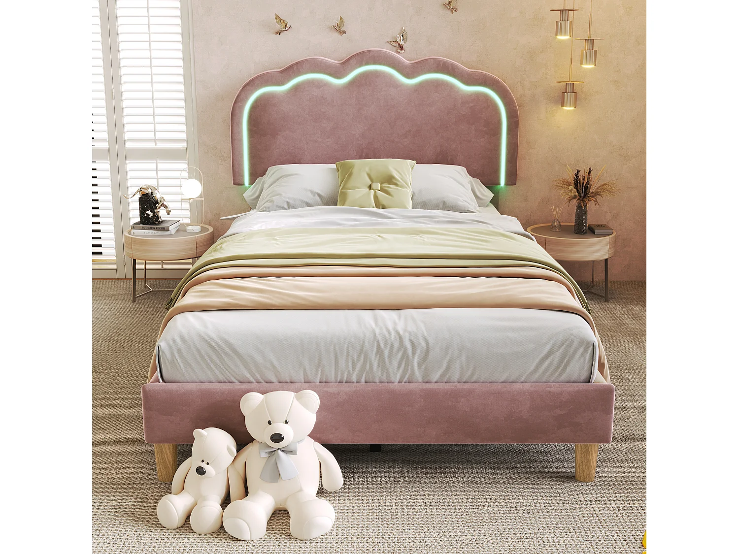 Lit enfant 90x190 cm lit simple avec sommier à lattes et tête de lit réglable - tissu en velours rose - sans matelas