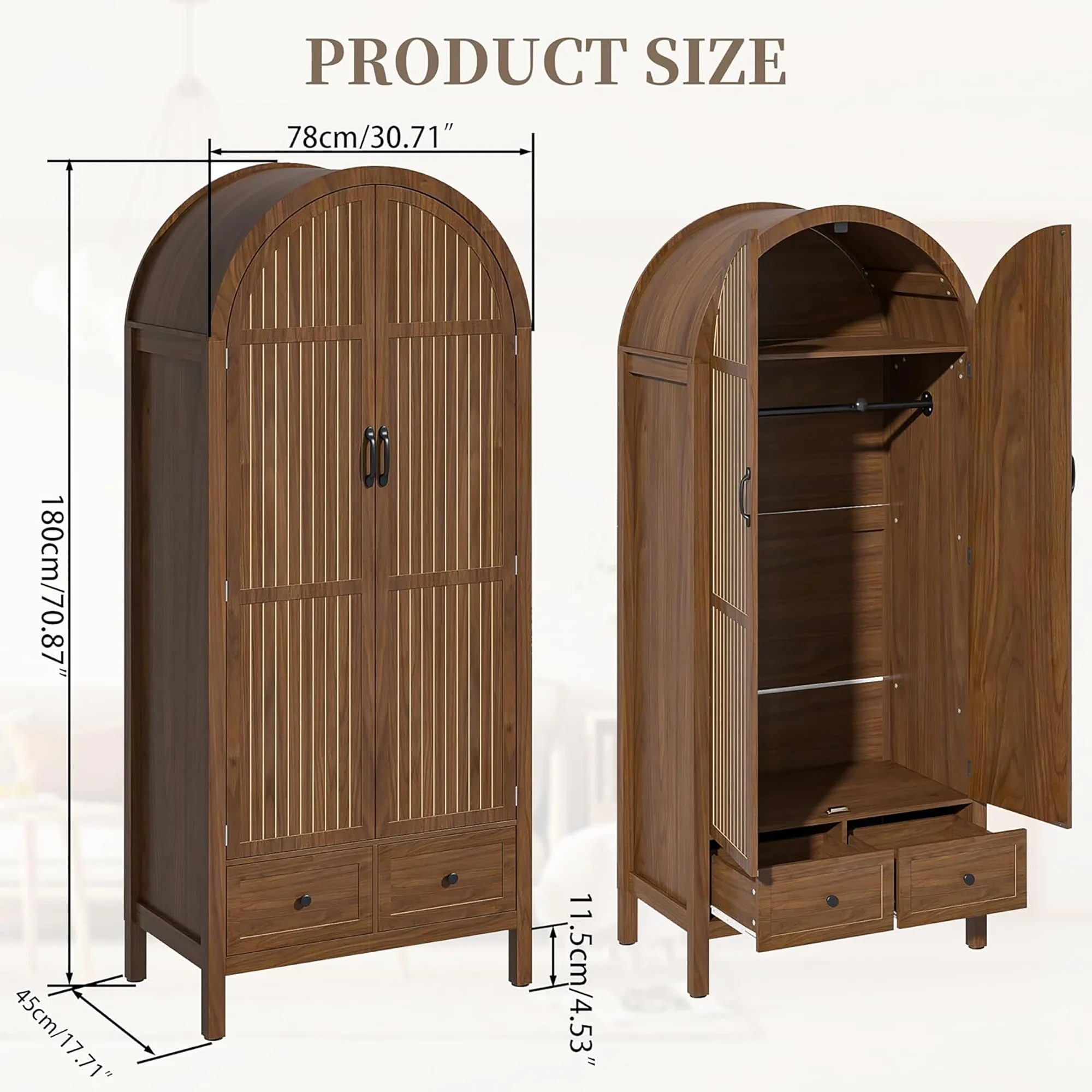 Oubayajia Arched Armoire Wardrobe Closet with Fluted Doors, Wooden Wardrobe Closet with Drawers, Shelves and Hanging Rod for Bedroom