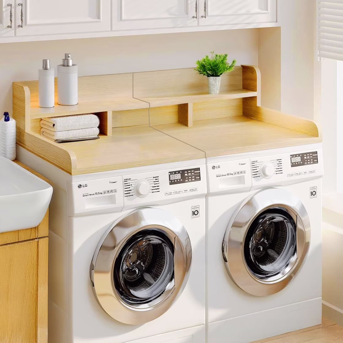 Modern Washer Dryer Countertop with 2-Tier Shelf,Laundry Room Countertop Organization Storage with 2.75" H Guard Edge Rails,Non-Slip Pad,Waterproof and Easy to Clean,54"W x 27.55"D,Natural Wood - Image 7