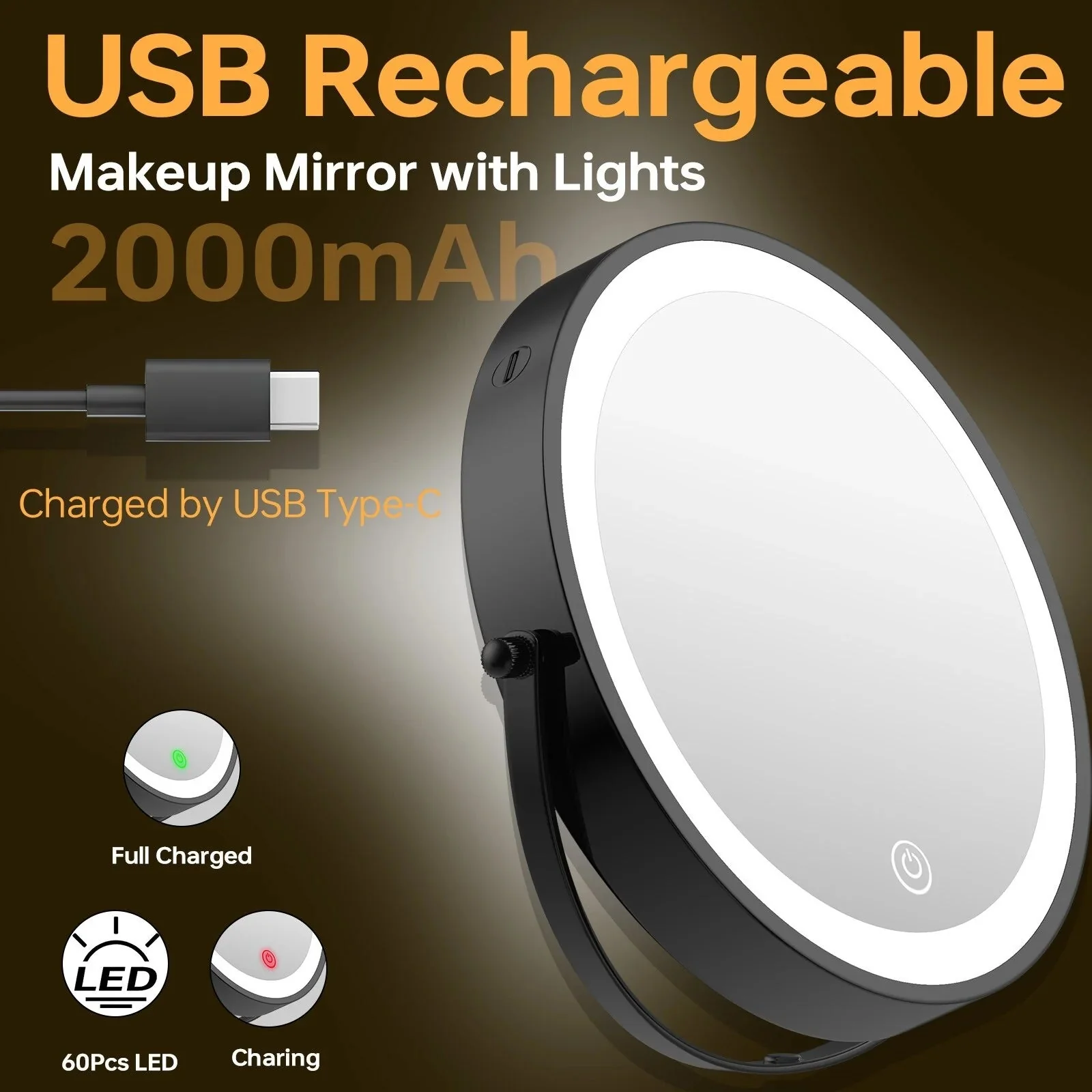 8 Inch Round Wall-Mounted Makeup Mirror, Rechargeable, 1X/10X Magnification, 3-Color LED Lights
