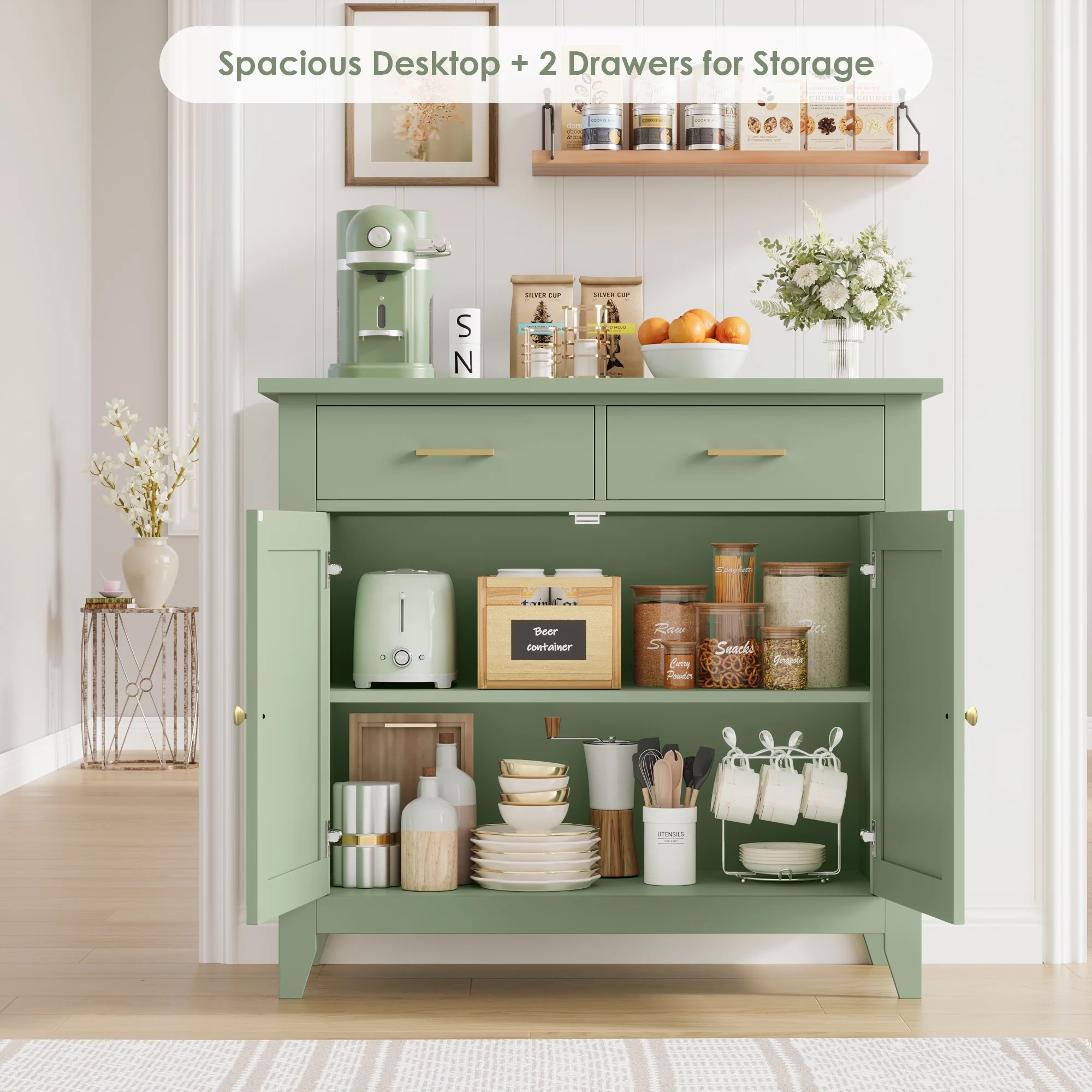 Homfa Entryway Cabinet, Kitchen Storage Cabinet, Farmhouse Buffet Sideboard with 2 Drawers and 2 Doors,Coffee Bar with Storage for Dining Room Living Room,White - Image 28