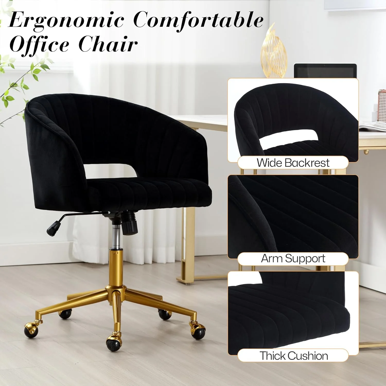 Home Office Swivel Desk Chair, Modern Velvet Vanity Chair, Height Adjustable Armchair with Gold Base, Ergonomic Office Chair for Task Study Computer Room, Beige - Image 32