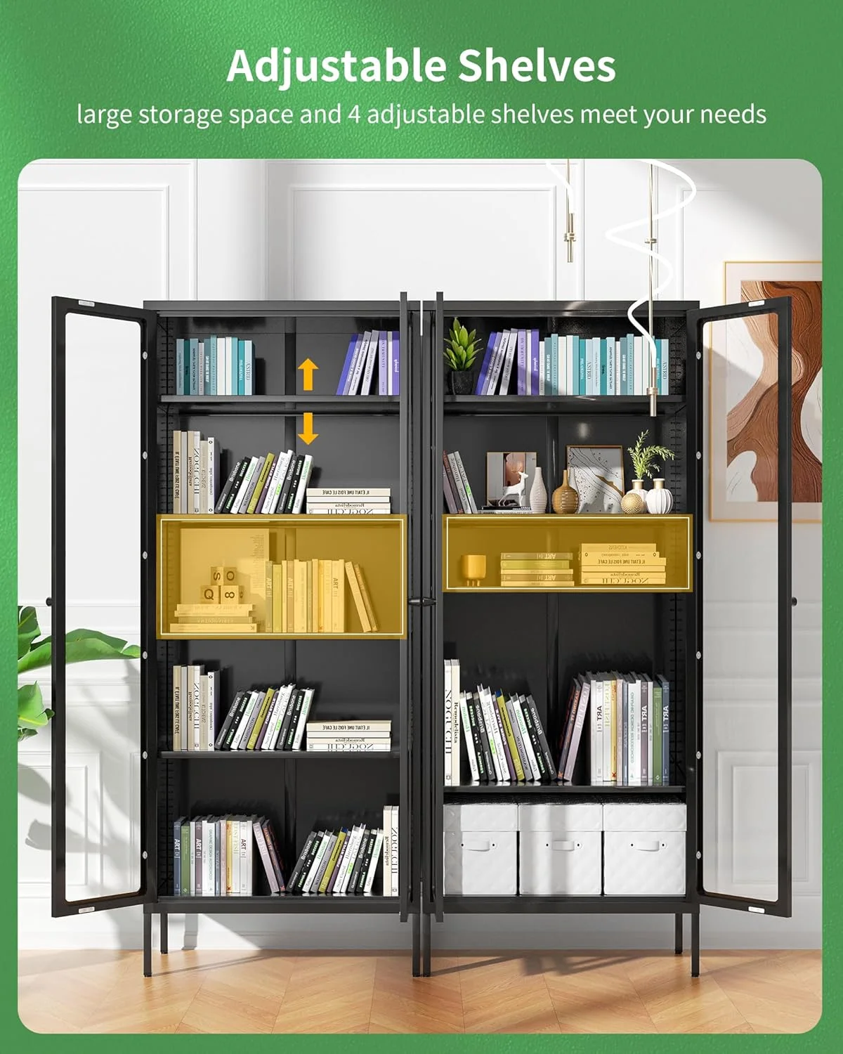SUNCROWN Metal Storage Cabinet, Curio Display Cabinet with 2 Glass Display Door and 4 Shelves, Side Storage Organize, Modern Bookshelf Cabinet for livingroom, Bedroom, Kitchen, Black - Image 8