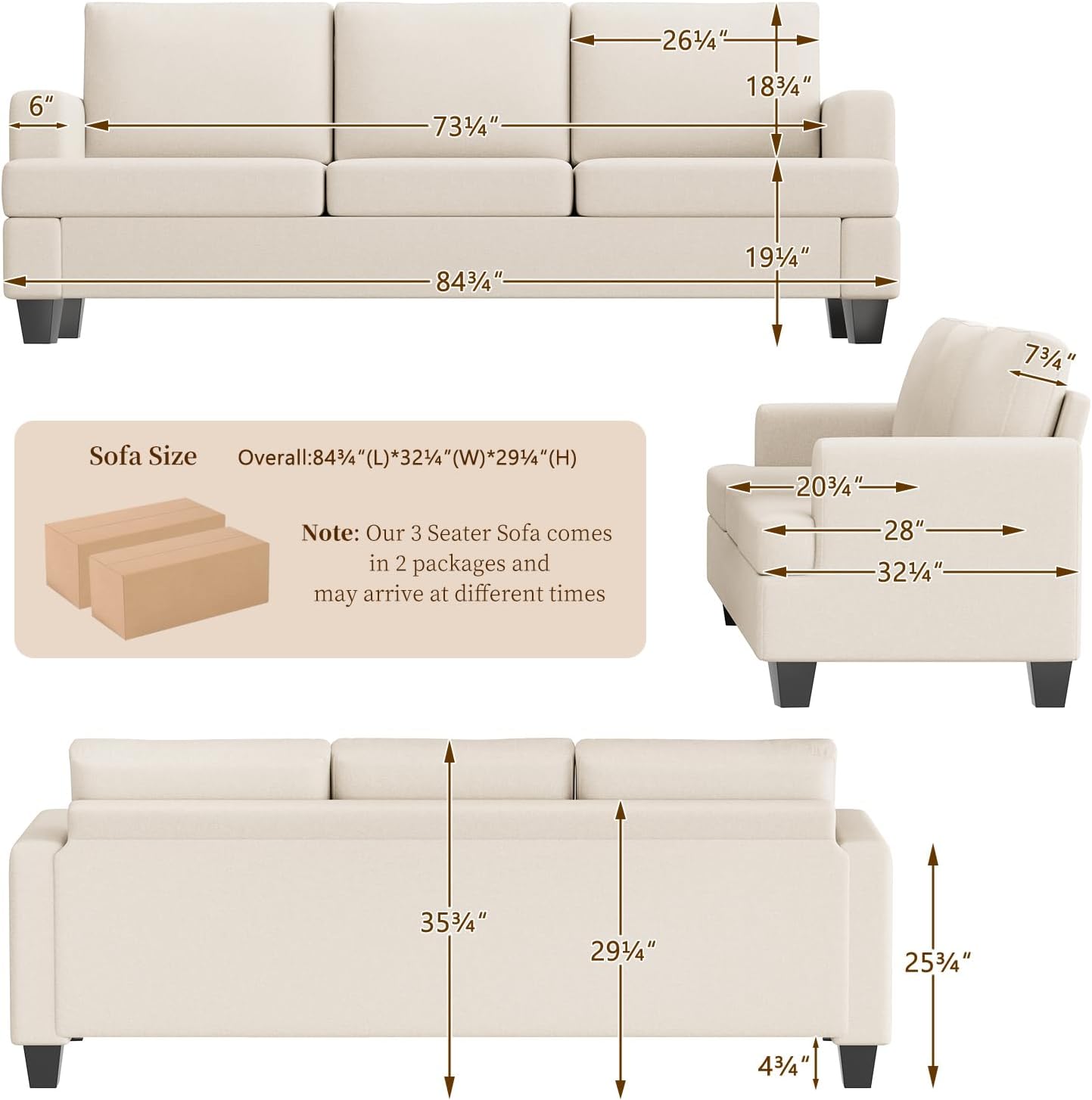 Furnimart 85 inch Deep Seat Sofa, Modern 3 Seater Couch, Beige Linen Sofa, Comfy Cloud Couch for Living Room, Cozy Fluffy Sofas with Removable Sofa Cover, Small Couches for Small Spaces