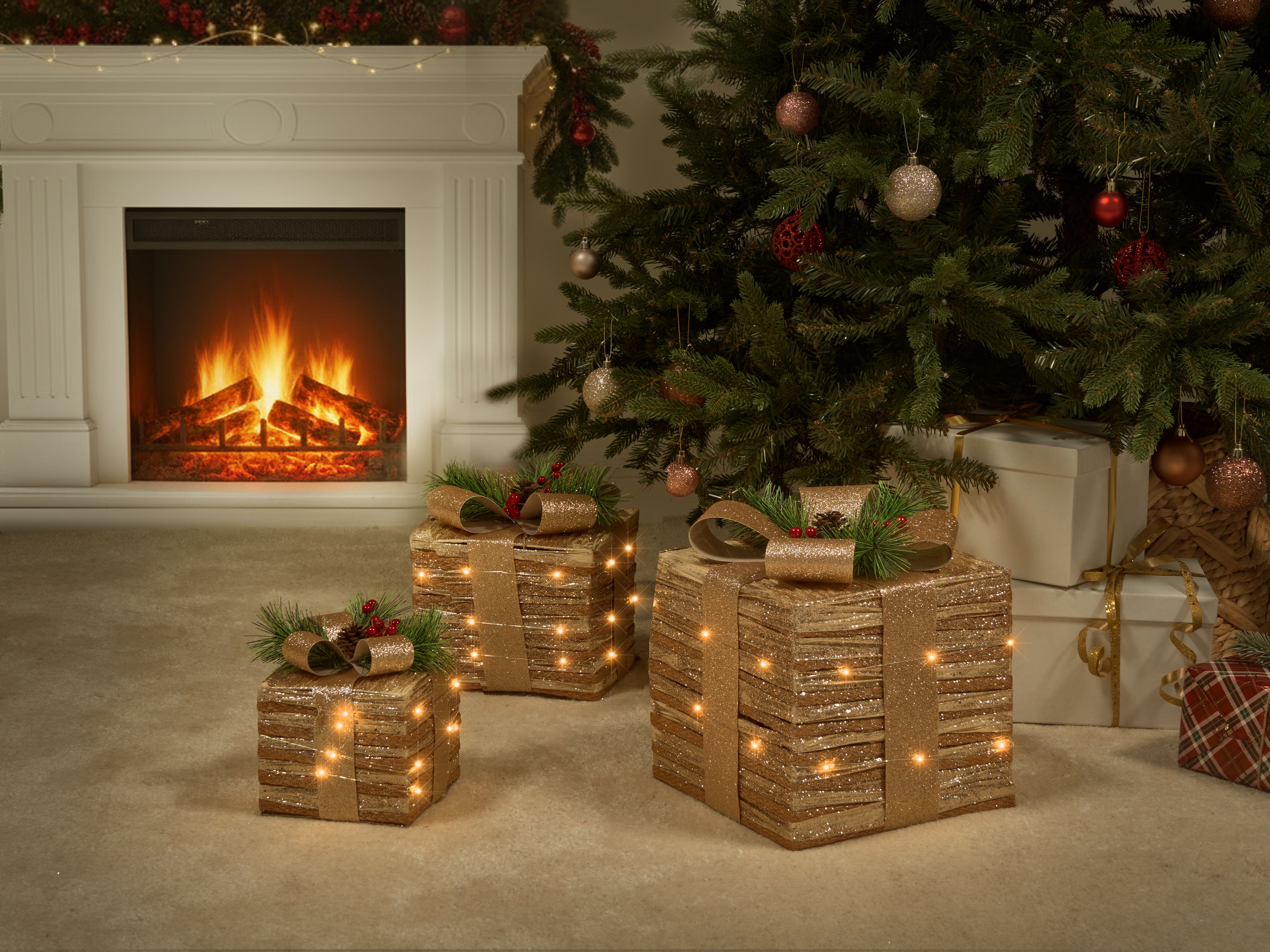 Set of 3 Christmas Decorations LED TOFTE Christmas Gifts 20/25/30 cm Gold