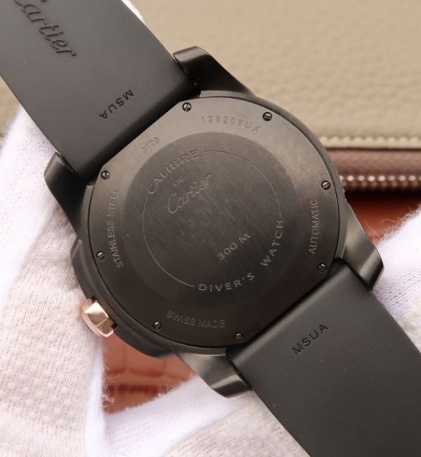 Replica Cartier JJF Calibre De Cartier Diver DLC Black Dial RG Bezel Black Rubber Strap A23J - Top club