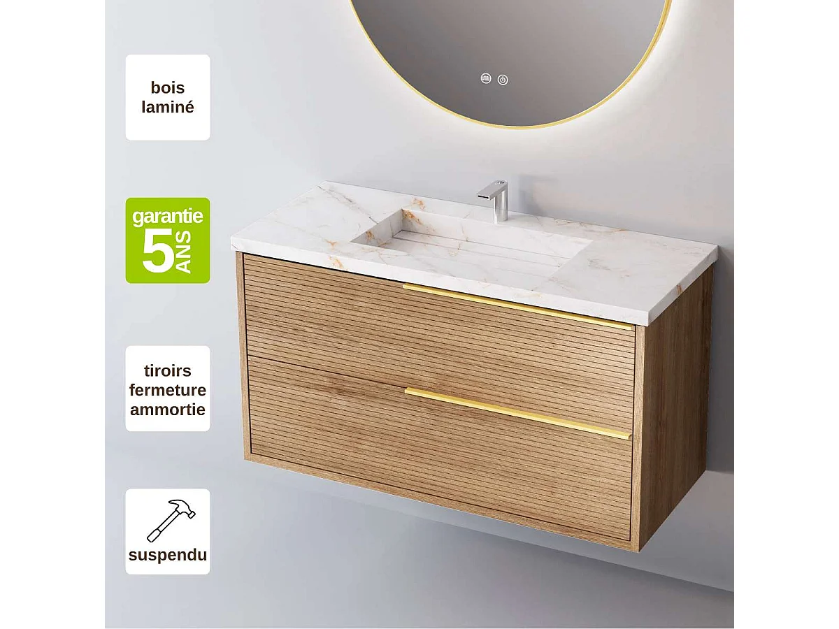 Meuble Salle de Bain LISTELLO 80cm, Plan Vasque Grès Cérame, 2 Tiroirs Impression 3D Poignée Or, Finition Chêne Naturel, H 54cm x P 45cm