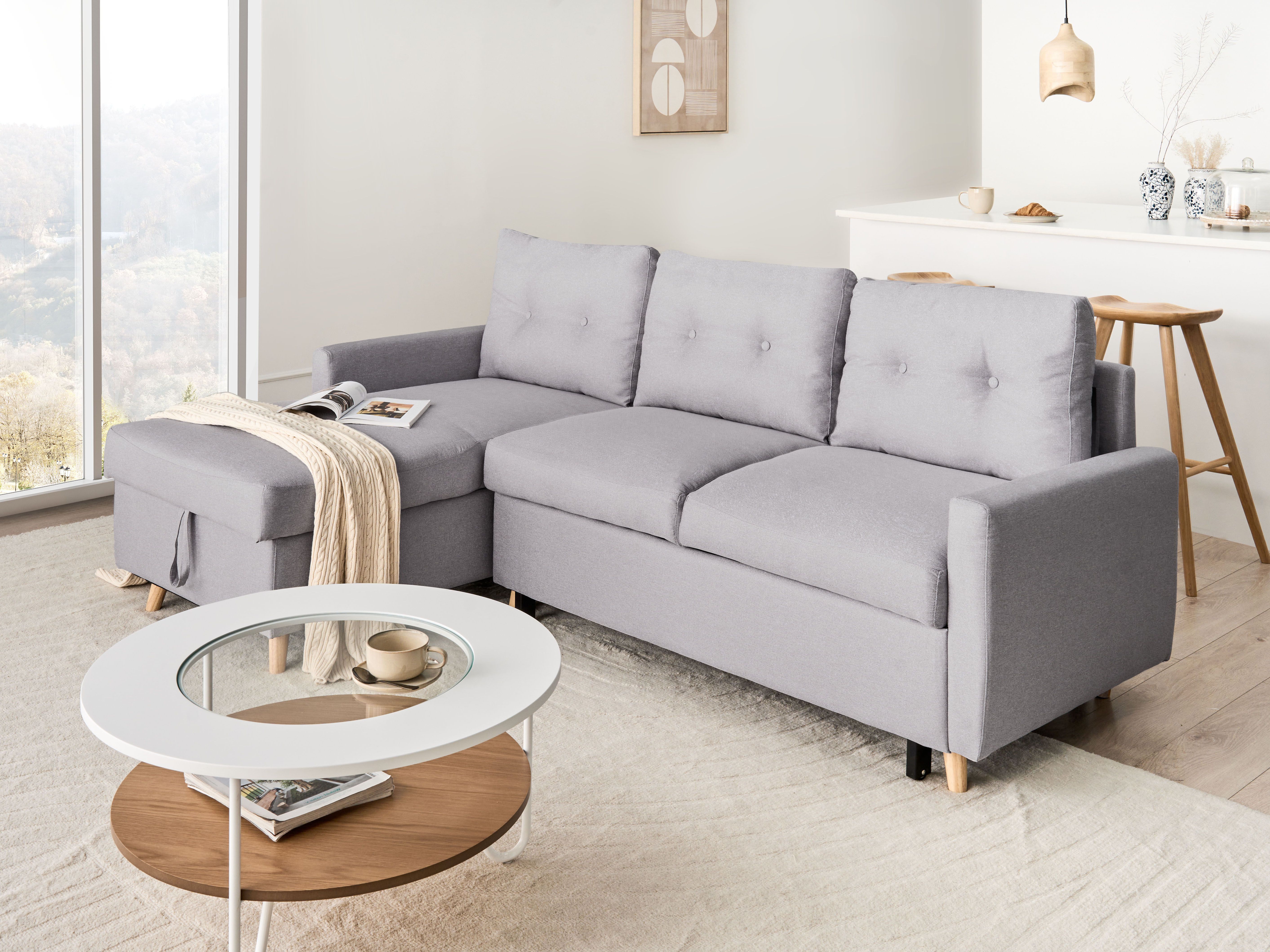 Corner Sofa Bed 4 Seater FLAKK Fabric Light Grey with Storage Right Hand