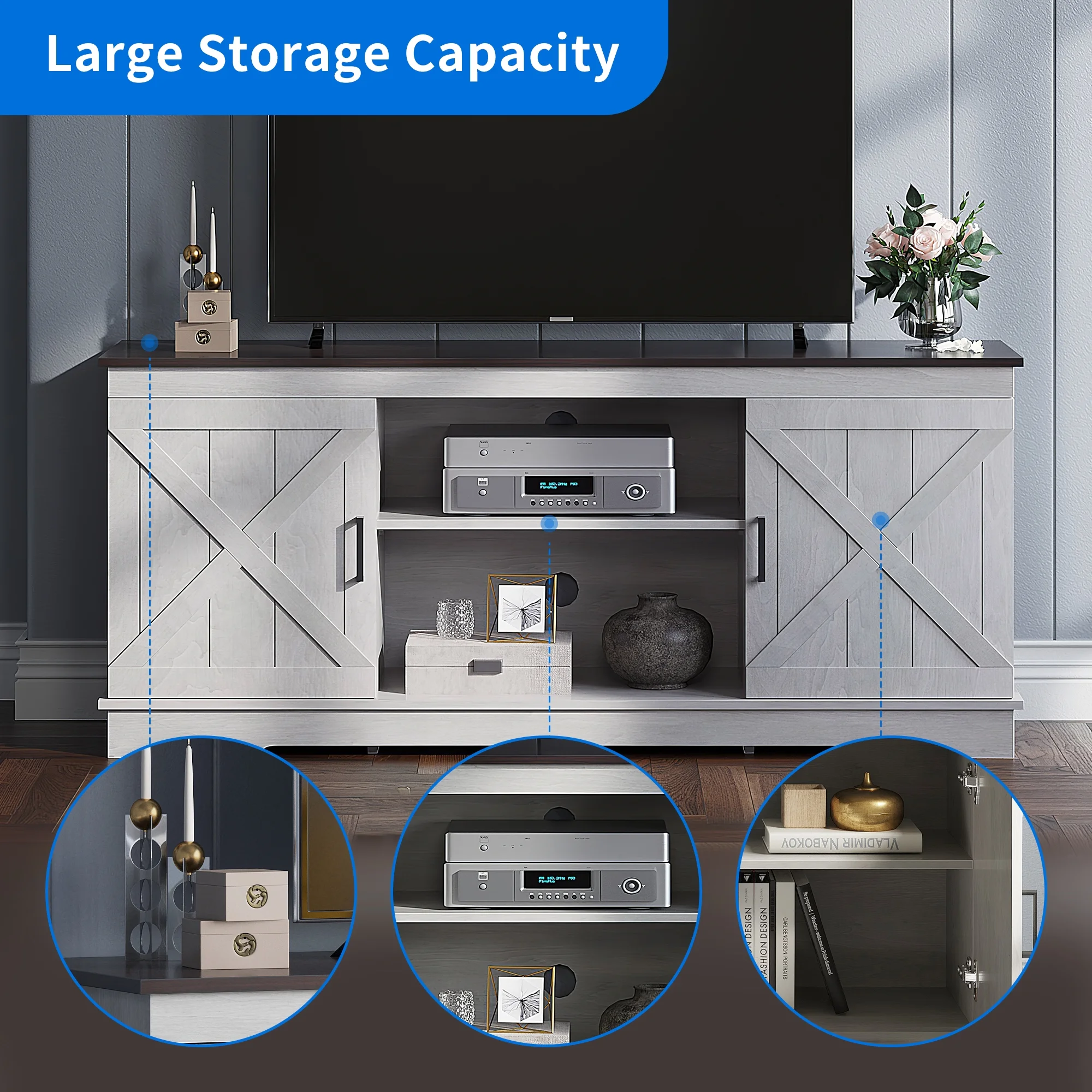 Dextrus Farmhouse TV Stand for 65 inch TV, Entertainment Center for Living Room, TV Media Console Cabinet, Grey Wash - Image 4