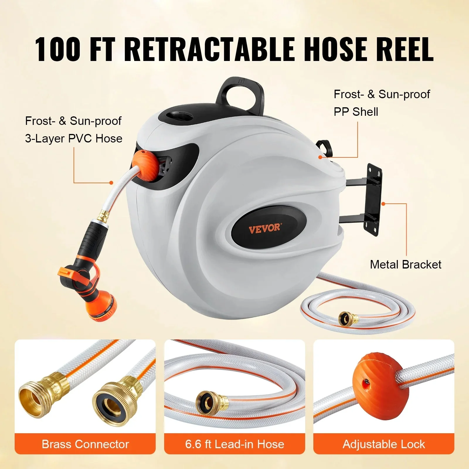 VEVOR Retractable Garden Hose Reel, 100 ft x 1/2 inch, Wall-Mounted With 9-Pattern Nozzle - Image 6 VEVOR Retractable Garden Hose Reel, 100 ft x 1/2 inch, Wall-Mounted With 9-Pattern Nozzle - Image 6