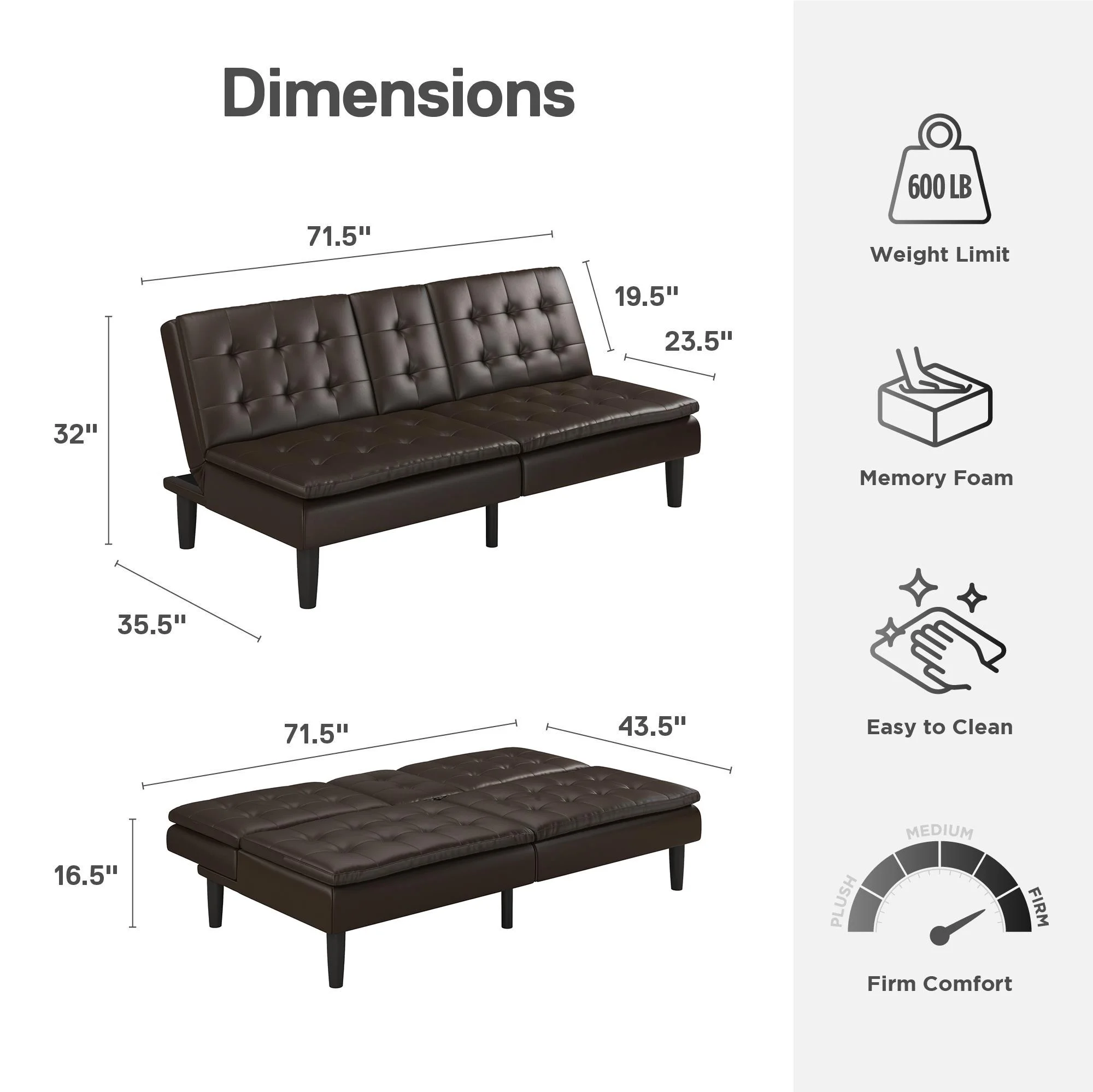 Mainstays Memory Foam 71.5" Futon with Cupholder and USB, Black Faux Leather - Image 62