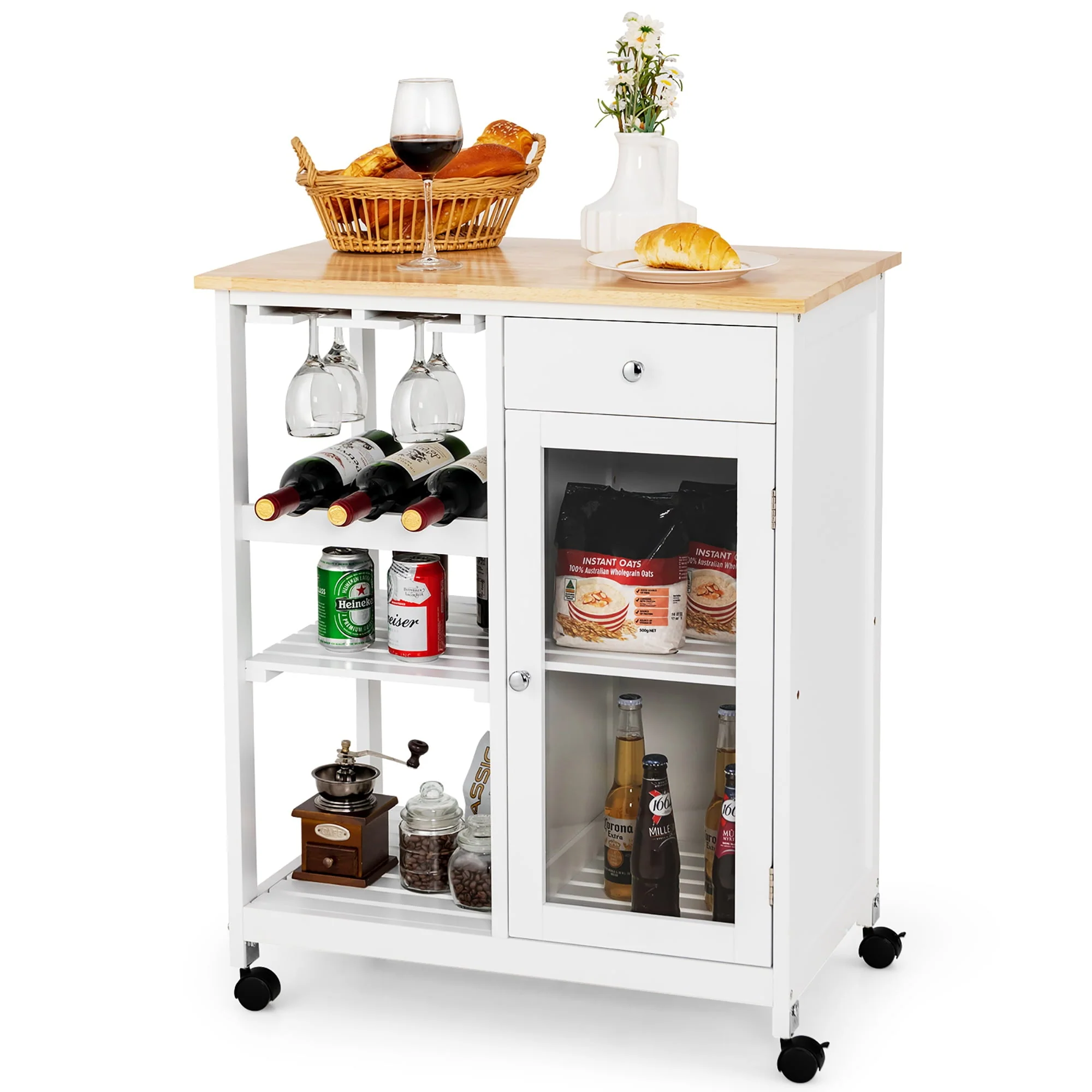 Costway Rolling Kitchen Island Wood Top Trolley Cart Storage Cabinet w/Shelf & Wine Rack - Image 10
