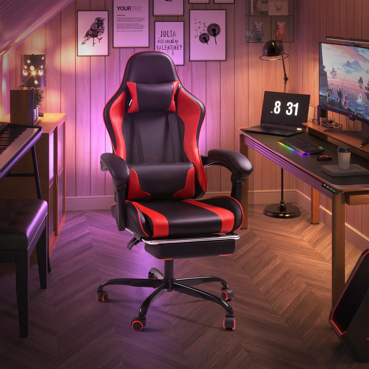 Lacoo PU Leather Gaming Chair Massage Ergonomic Gamer Chair Height Adjustable Computer Chair with Footrest & Lumbar Support, White - Image 49