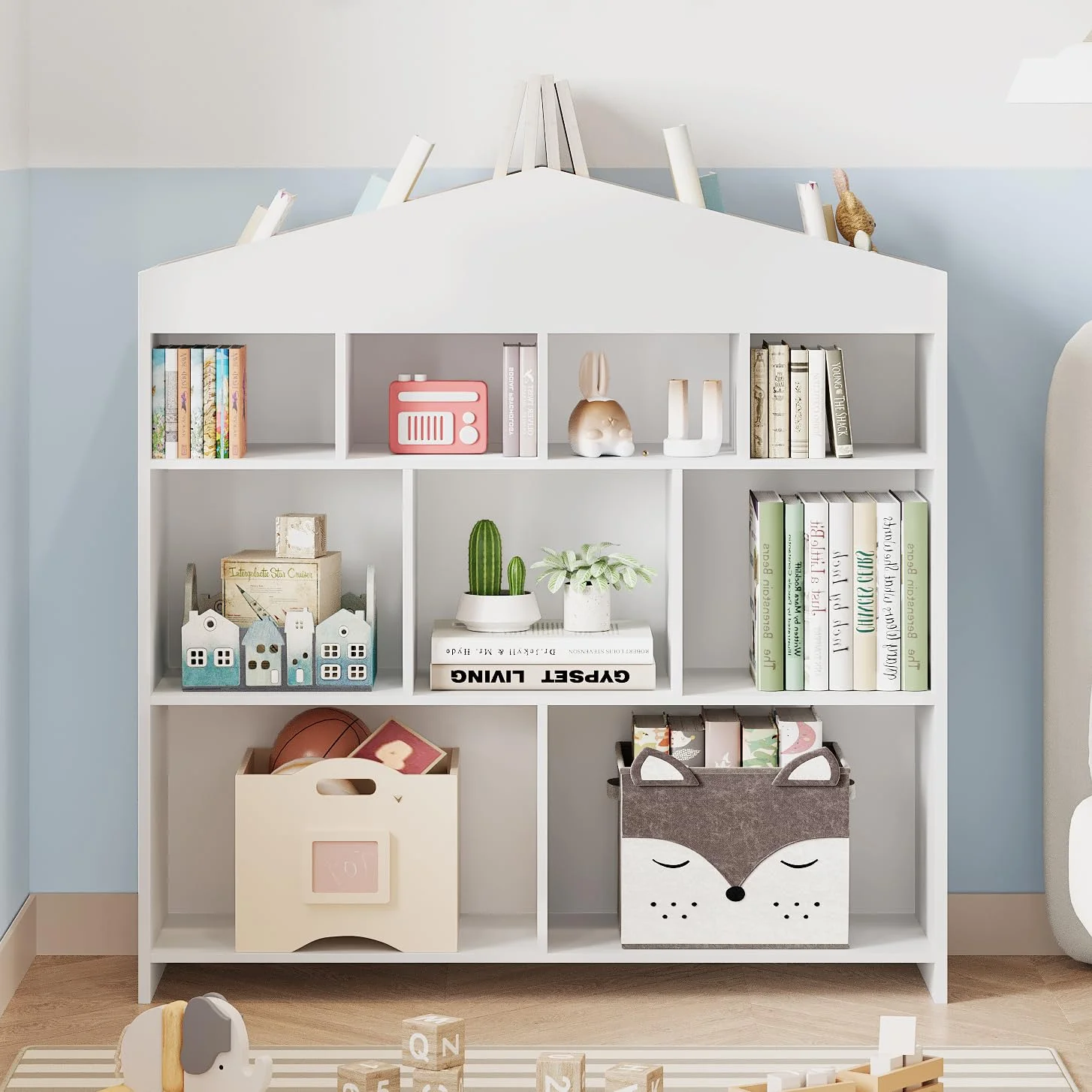 DSstyles Kids Bookshelf 9-Cubby Toy Storage Organizer White Bookcase Toddlers Playhouse Cabinet Shelf for Boys Girls Wooden Storage Toy Shelf for Playroom, Nursery, Kids Room