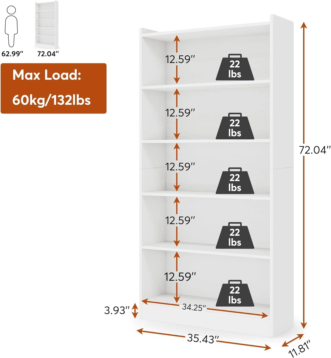 LL 72-inch Tall Bookcase, Modern 6-Tier White Library Bookshelf with Storage Shelves, Large Open Bookcases Wood Display Shelving Unit for Bedroom Living Room Office