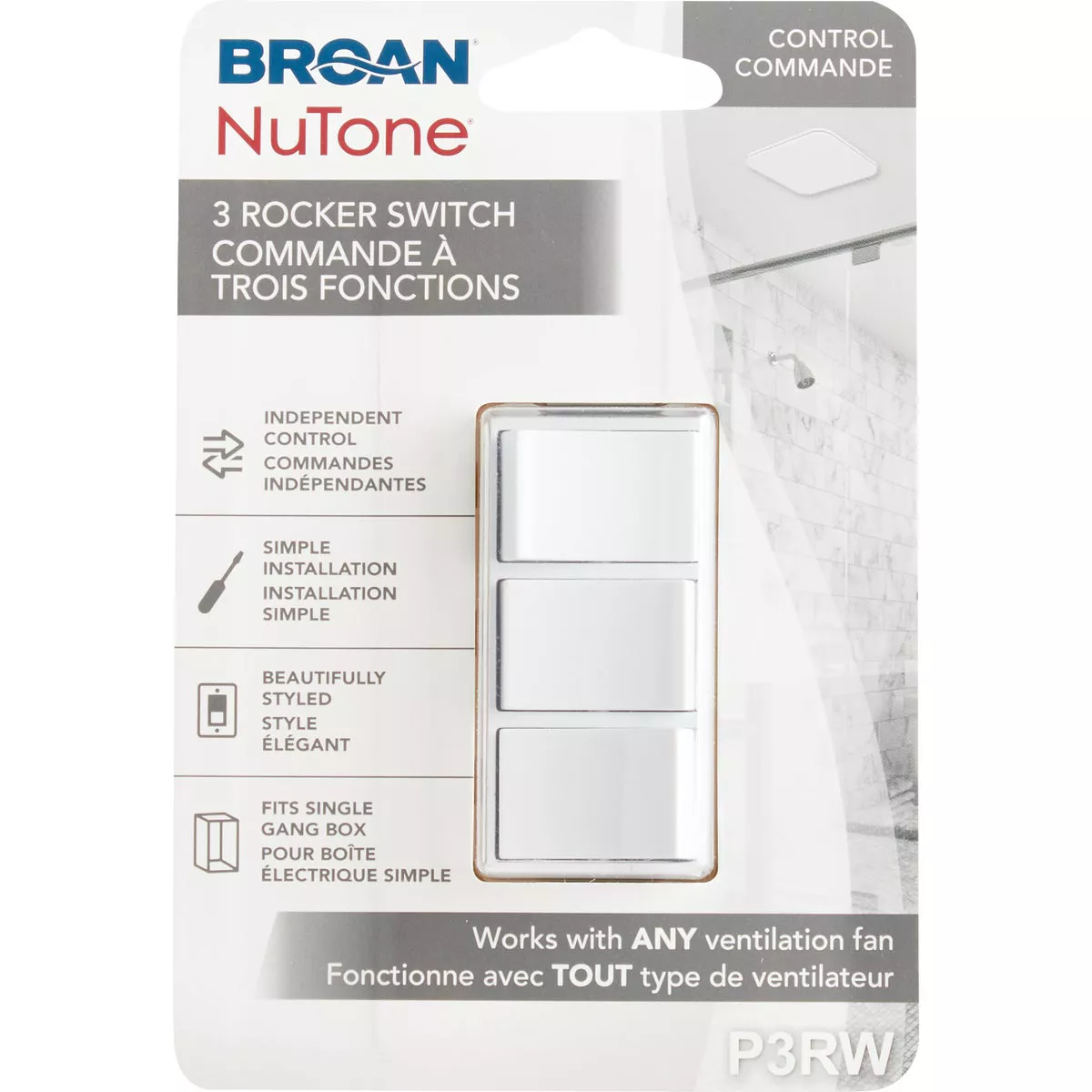 Broan-NuTone 3-Function 15A 120V White Rocker Switch for Bathroom Exhaust Fan