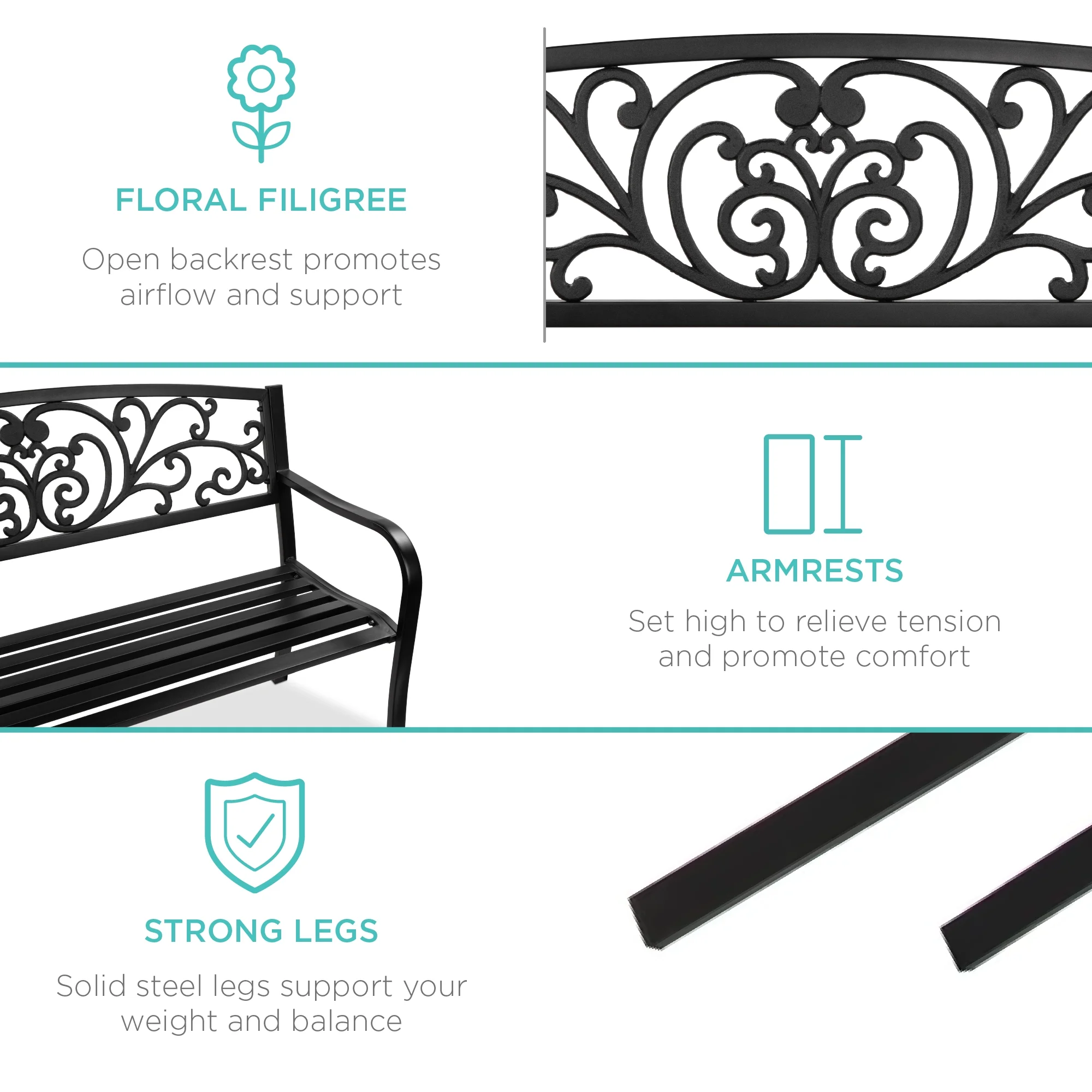 Best Choice Products Outdoor Steel Bench Garden Patio Porch Furniture w/ Floral Design Backrest - Black - Image 8