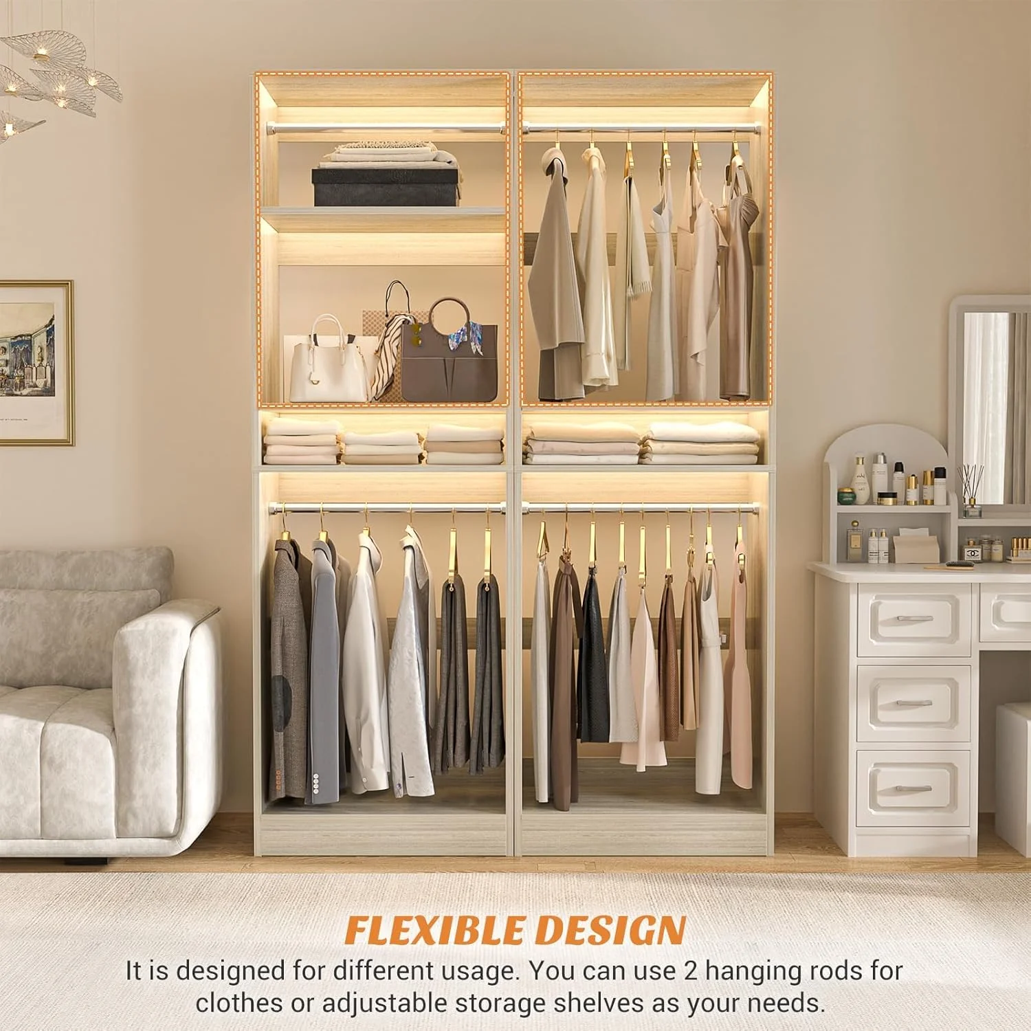 Homieasy 25�?Closet System, Freestanding Closet Organizer Wardrobe with Hanging Rods and Shelves, Adjustable Clothes Garment Rack, Sturdy Walk in Closet Tower, White - Image 13