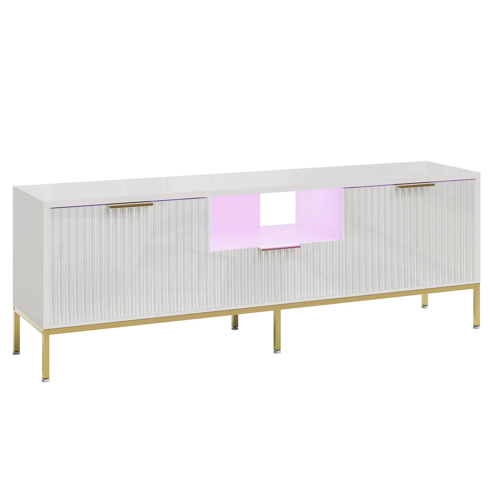 Bestier 55" LED TV Stand for TVs up to 60" Modern High Gloss Entertainment Center with Drawers Cabinets Fluted TV Console, White & Gold - Image 10