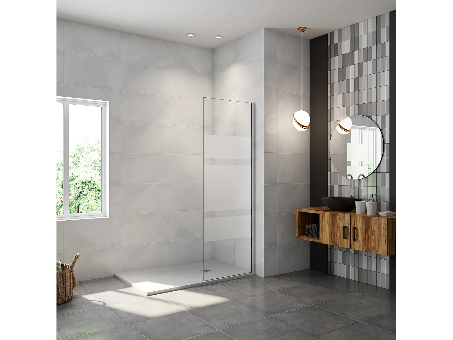 AICA paroi de douche à l'italienne 120x190cm,6mm verre anticalcaire,paroi fixe avec bandes horizontales sérigraphiées