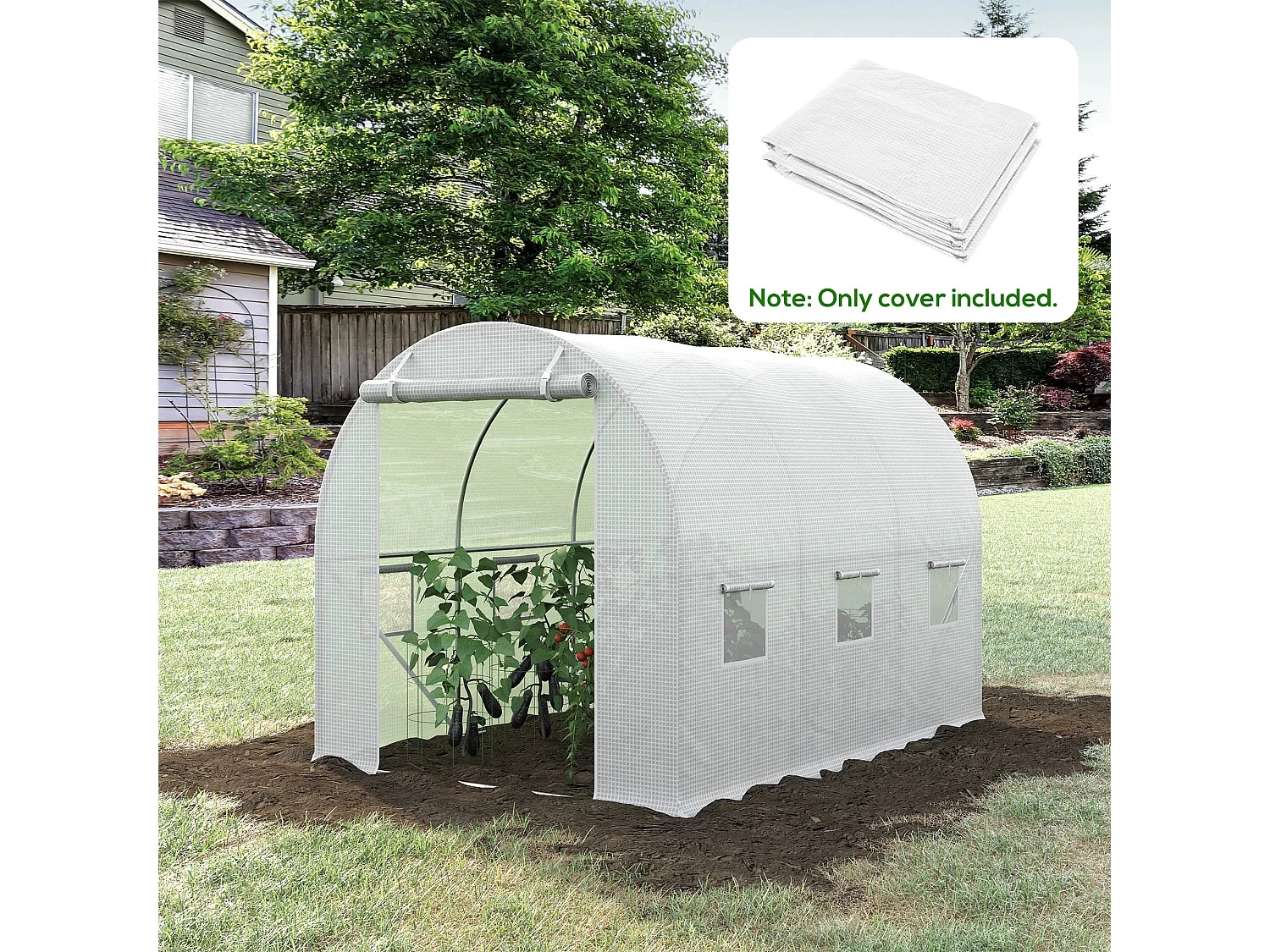 Bâche de rechange serre tunnel 6 m², bâche dim. 3L x 2l x 2H m PE anti-UV imperméable 6 fenêtres + porte enroulable zippée blanc
