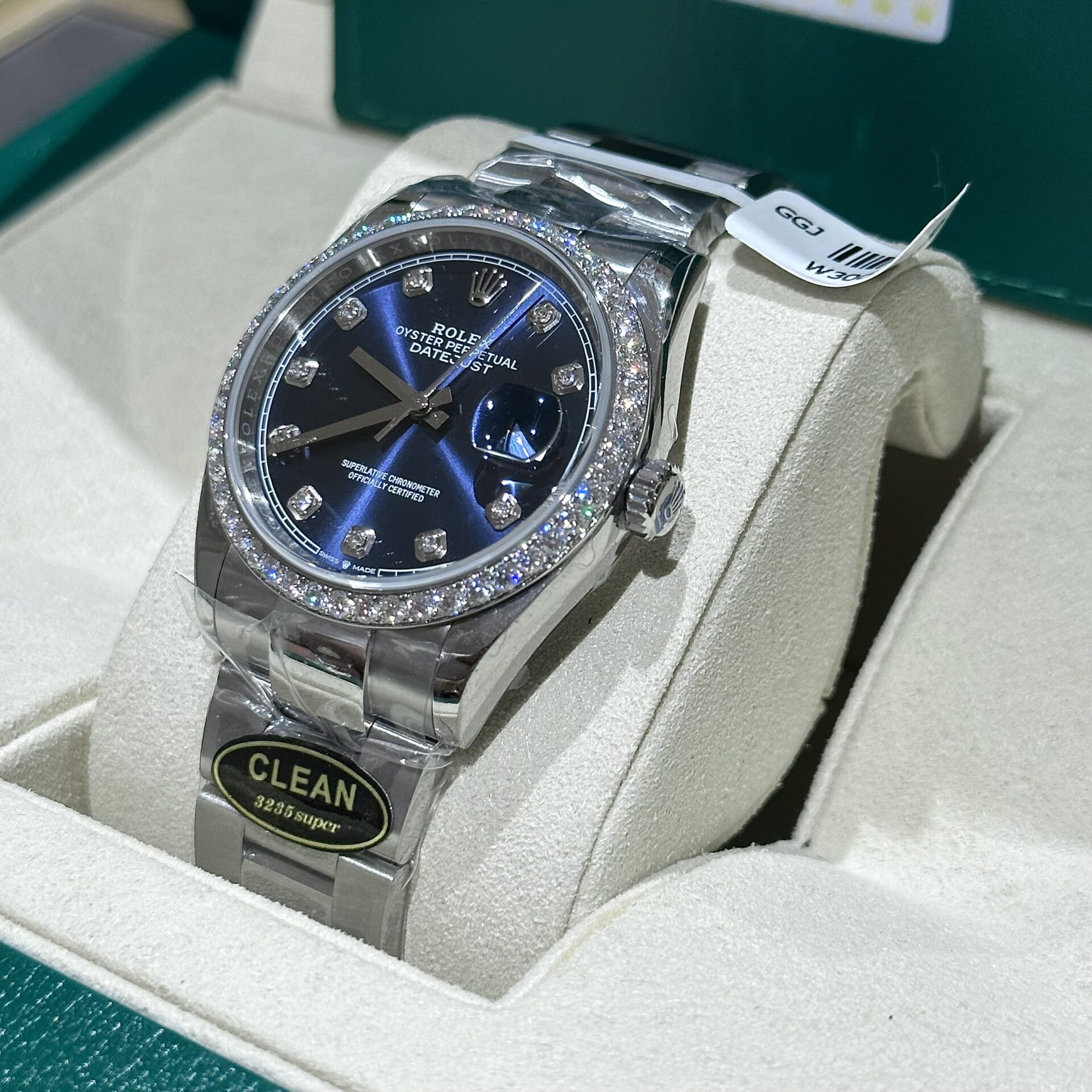 Rolex DateJust Replica Watch With Moissanite Diamond Blue Dial Clean 41mm - Elite Watch Atelier