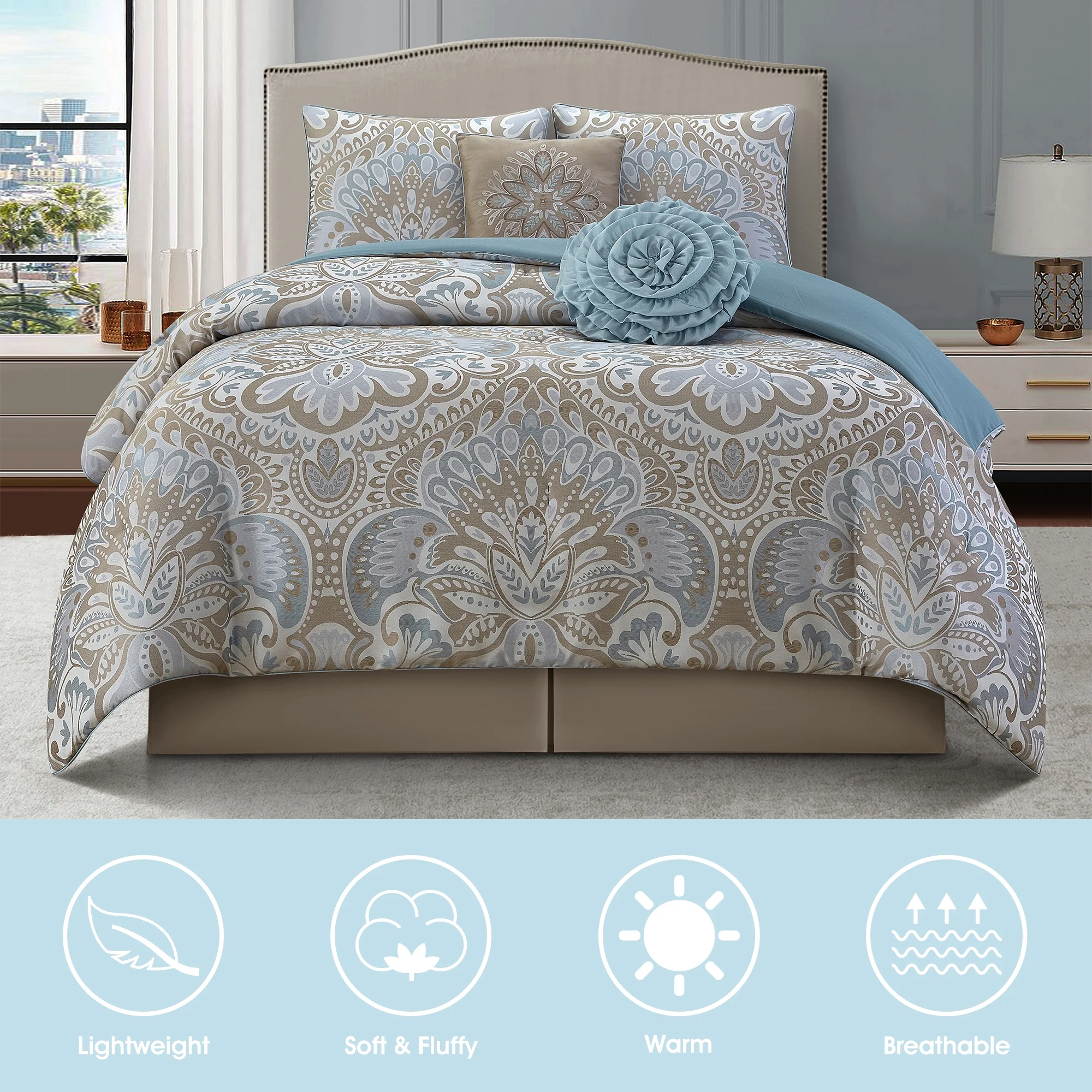 Lanco Luscious Diane 6-Piece Reversible Comforter Bedding Set, California King, Blue Gold, Fill Material Polyester, Floral