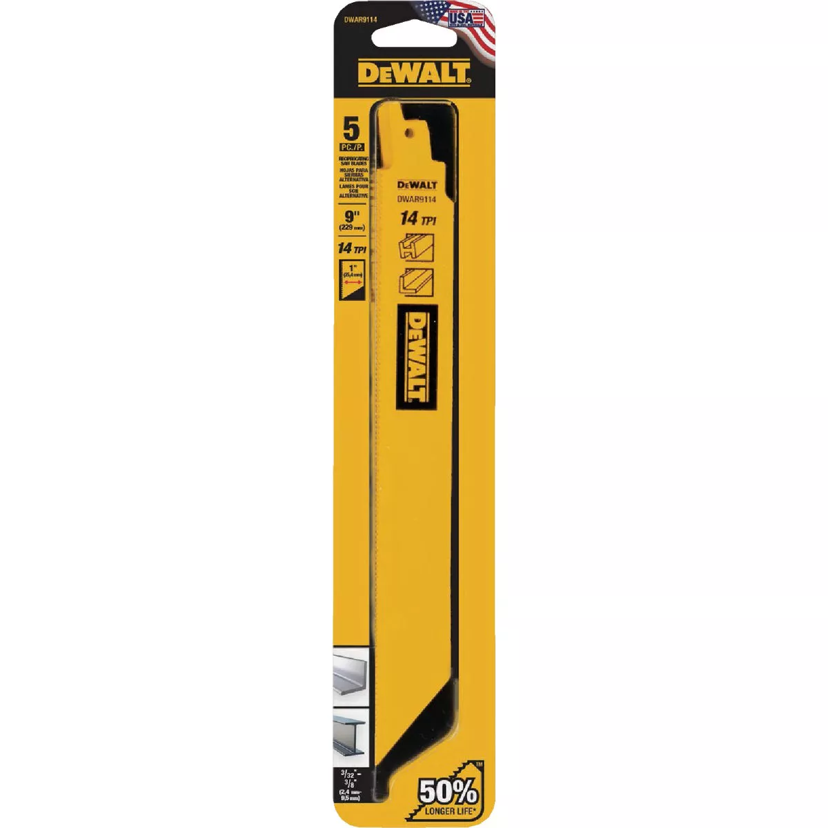 DEWALT 9 In. 14 TPI Bi-Metal Heavy Metal Reciprocating Saw Blade (5-Pack)