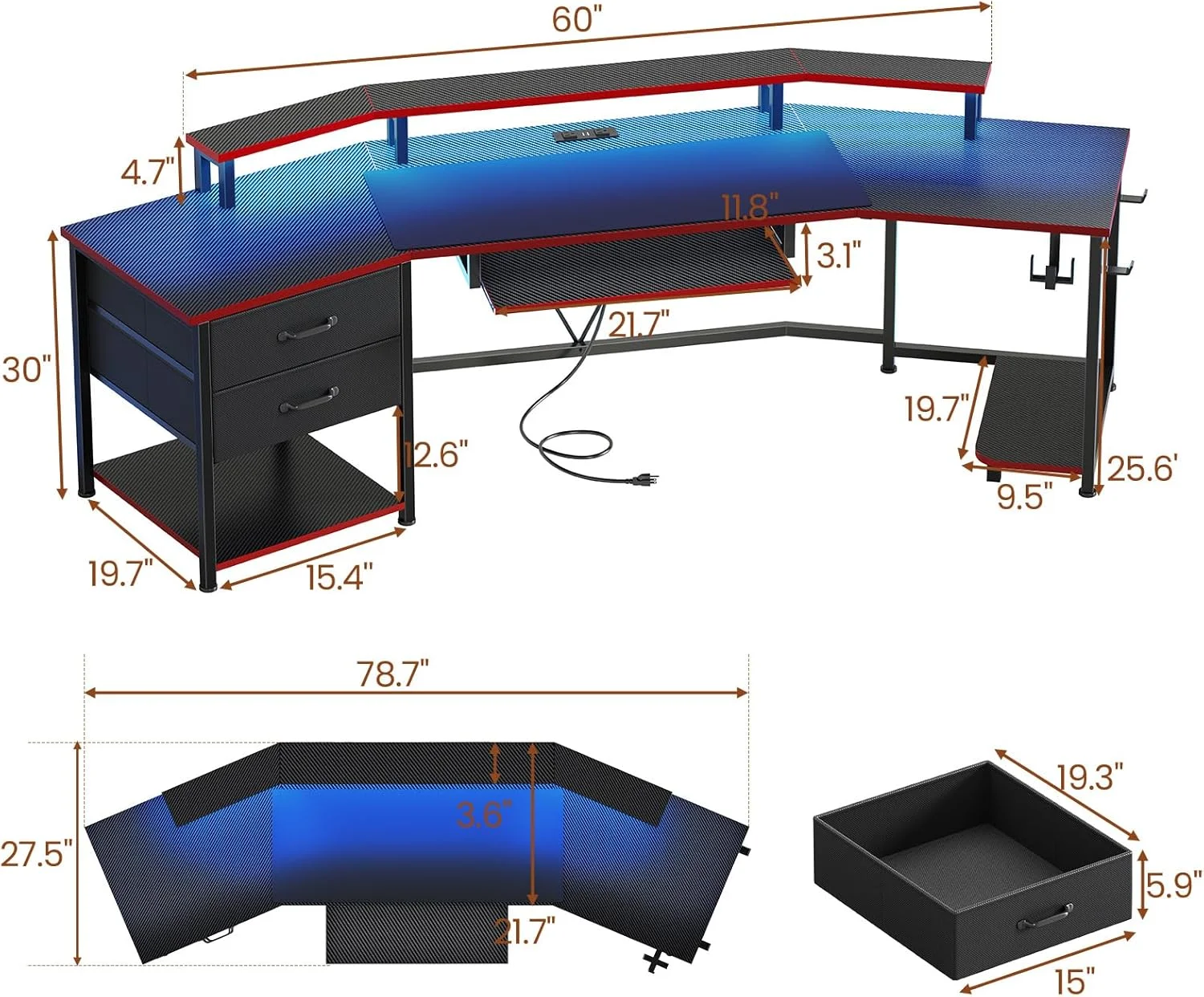 79" Gaming Desk with LED Lights and Power Outlets, U Shaped Desk with Monitor Stand and Drawers, Gaming Table with Keyboard Tray, Cup Holder and CPU Stand for Bedroom, Carbon Fiber Black - Image 11
