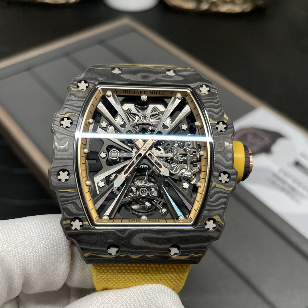 Swiss Replica Richard Mille RM 12-01 Tourbillon Watch �C Bold Yellow Fabric Strap, Carbon Fiber Barrel Case, Skeleton Dial - Top club