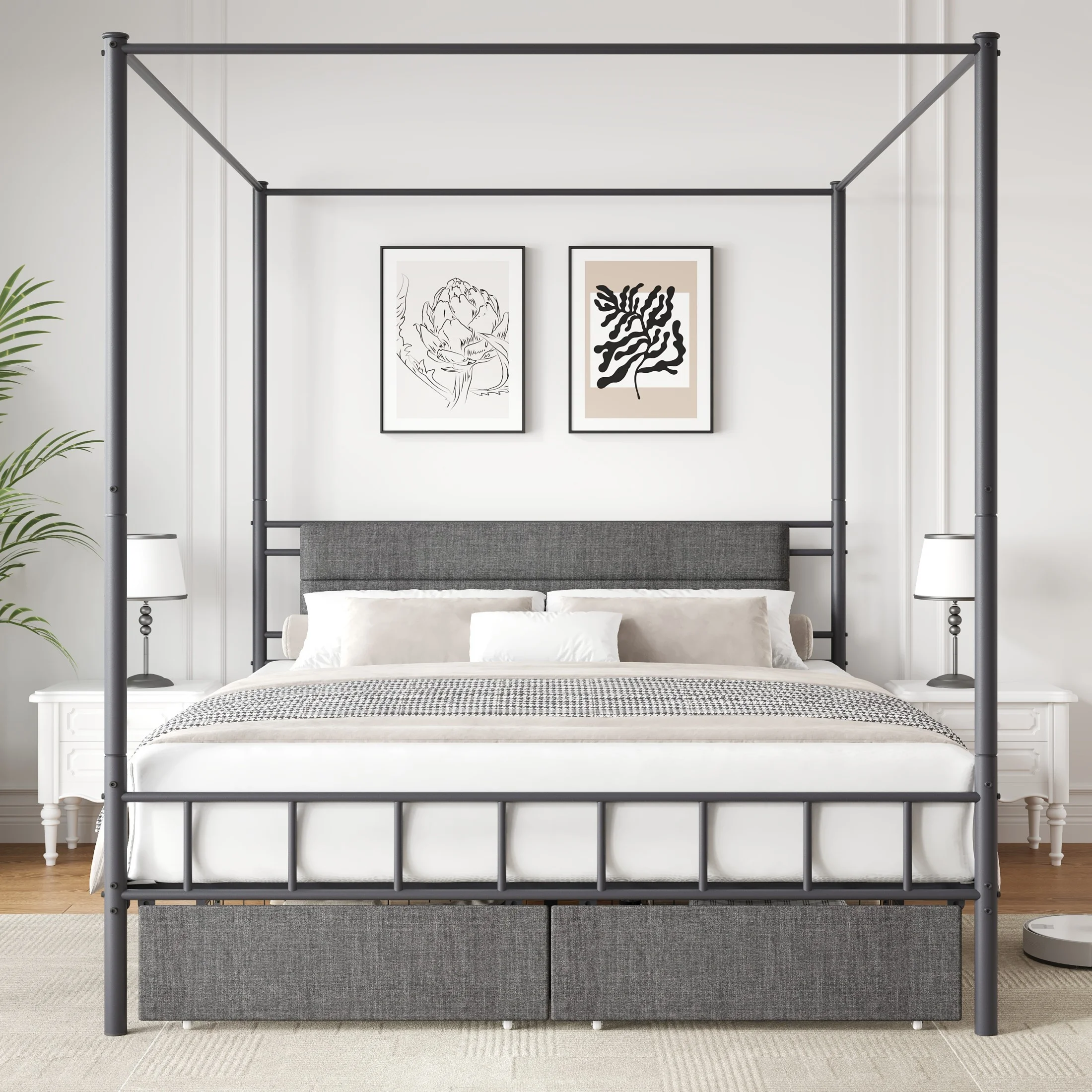 UHOMEPRO Queen Size Canopy Bed Frame with 2 Storage Drawers, Metal Platform Bed with Fabric Upholstered Headboard for Bedroom, Canopy Bed Curtain Not Included, No Box Spring Needed, Gray+Black